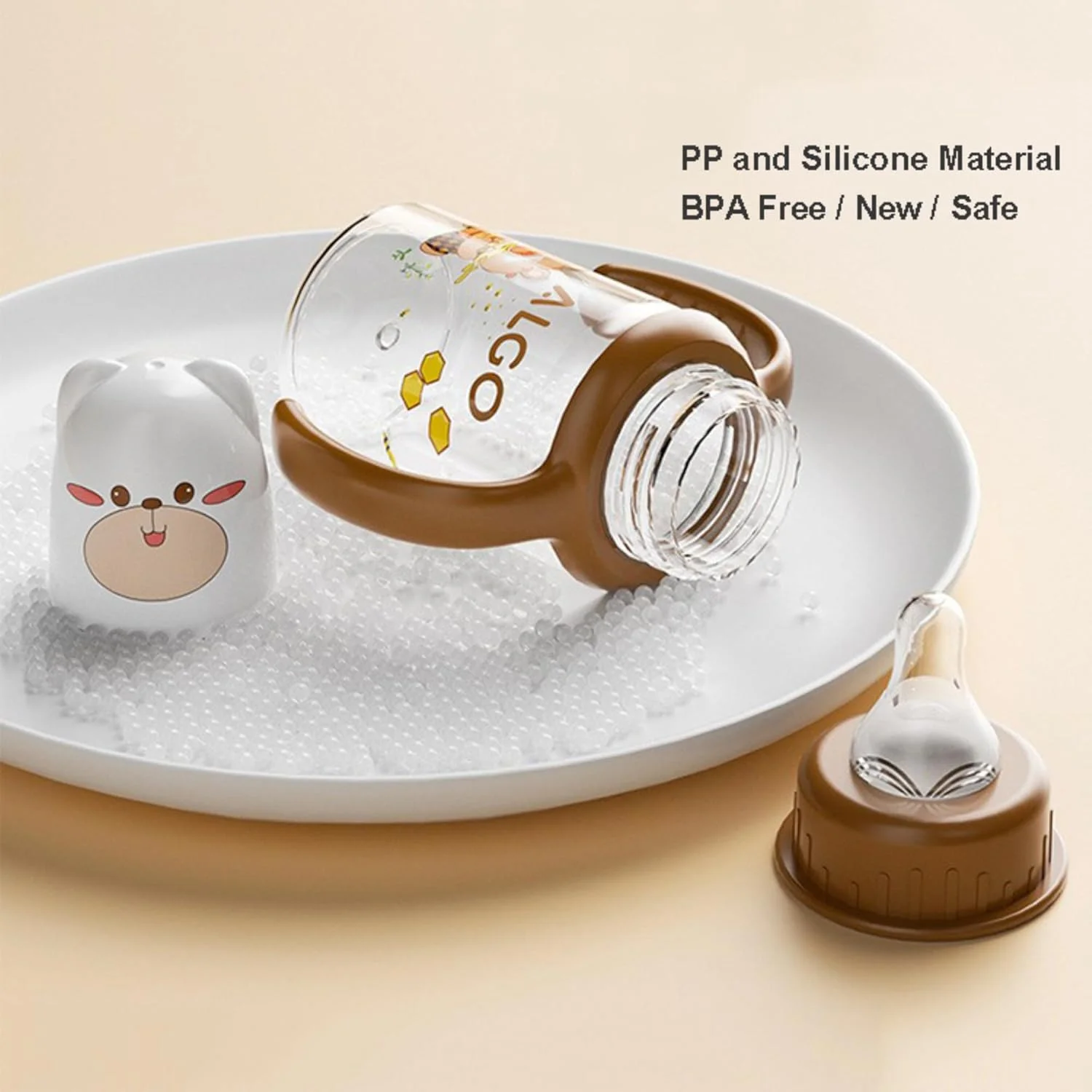 شیشه شیر کودک Twisoo - طراحی کارتونی زیبا، ضد نفخ و فاقد BPA، شیشه شیر PP دهانه استاندارد 120 میلی لیتری با درپوش سیلیکونی ضد نشت، شیشه شیر بادوام برای تغذیه آسان (قهوه ای)