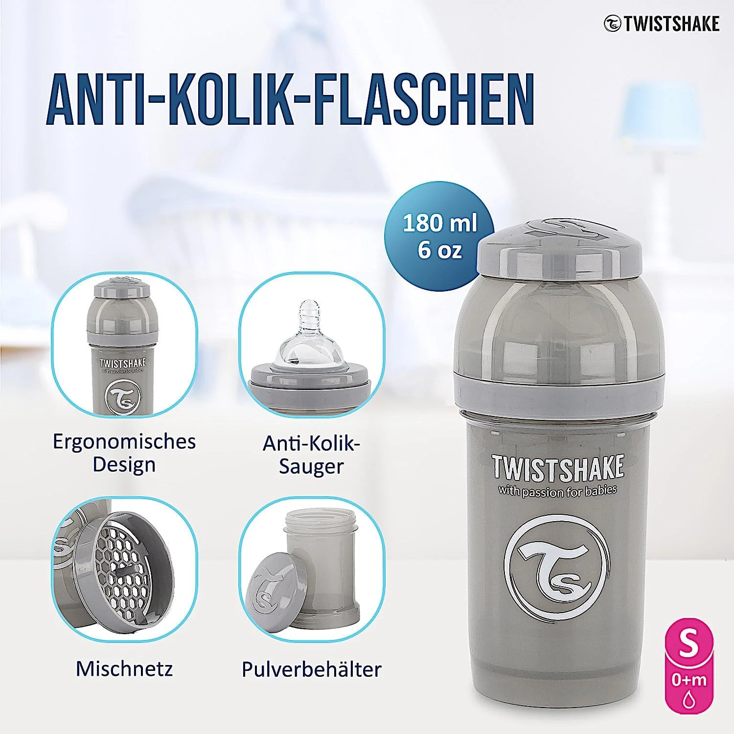 شیشه شیر ضد نفخ تویست شیک با محفظه پودر شیر و مخلوط کن - 180 میلی لیتر | سرشیشه سیلیکونی جریان آهسته شبیه سینه مادر | بدون BPA | مناسب برای نوزادان (0+) | خاکستری شیشه شیر ضد نفخ تویست شیک با محفظه پودر شیر و مخلوط کن - 180 میلی لیتر | سرشیشه سیلیکونی جریان آهسته شبیه سینه مادر | بدون BPA | مناسب برای نوزادان (0+) | خاکستری