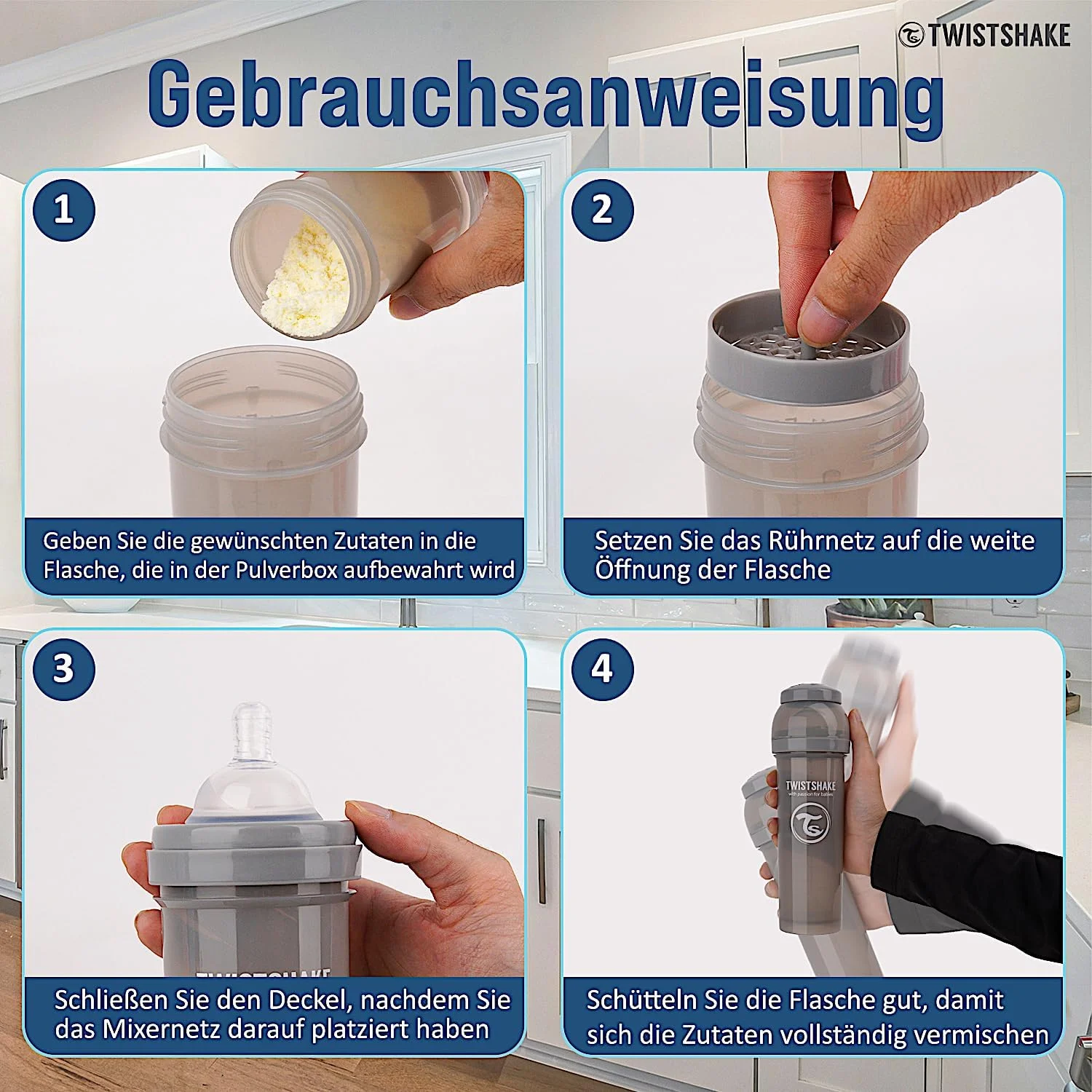 شیشه شیر ضد نفخ تویست شیک با محفظه پودر شیر و مخلوط کن - 180 میلی لیتر | سرشیشه سیلیکونی جریان آهسته شبیه سینه مادر | بدون BPA | مناسب برای نوزادان (0+) | خاکستری شیشه شیر ضد نفخ تویست شیک با محفظه پودر شیر و مخلوط کن - 180 میلی لیتر | سرشیشه سیلیکونی جریان آهسته شبیه سینه مادر | بدون BPA | مناسب برای نوزادان (0+) | خاکستری