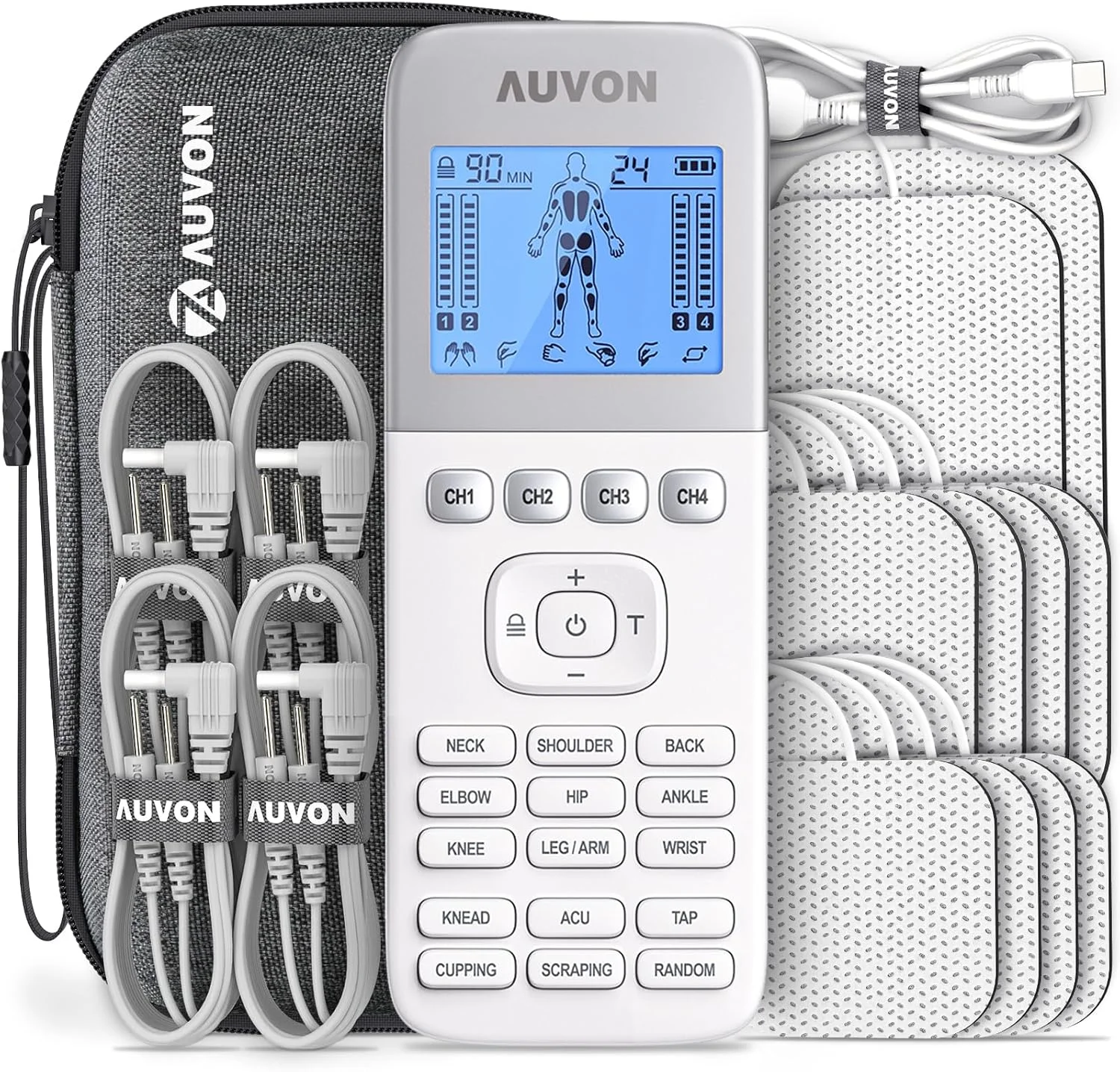 دستگاه تحریک عضلانی 4 کاناله AUVON با 24 حالت و کیف مسافرتی EVA، دستگاه TENS EMS قابل شارژ با طراحی دکمه آسان برای انتخاب جهت تسکین درد، 2 برابر عمر باتری، 10 پد الکترود