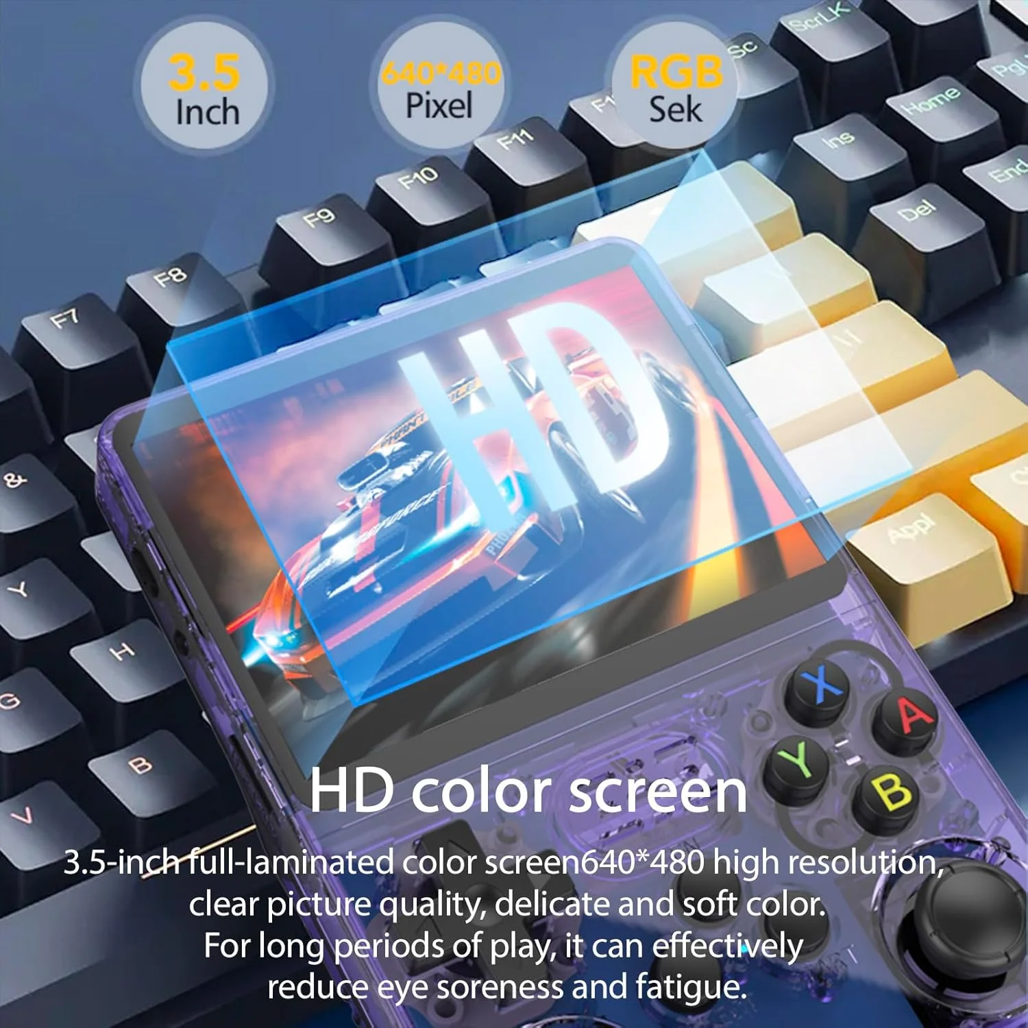 کنسول بازی دستی Eacam با جوی استیک دوتایی، دارای دکمه های پشتی R/L، بازی های داخلی، صفحه نمایش رنگی 3.5 اینچی، RK3326، باتری قابل شارژ 2500 میلی آمپر ساعتی