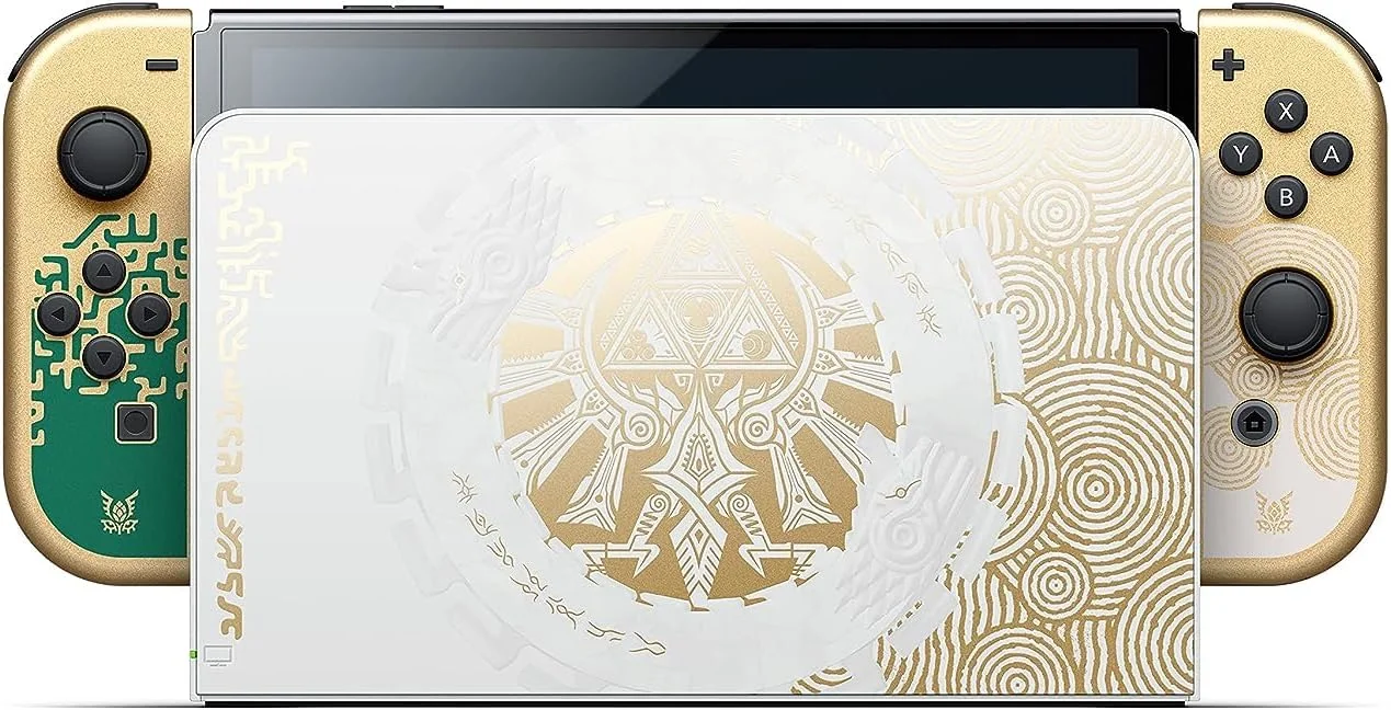 کنسول نینتندو سوییچ - مدل OLED: نسخه The Legend of Zelda: Tears of the Kingdom، کنترلر و داک نینتندو سوییچ با طرح The Legend of Zelda، نسخه ژاپنی، سازگار با منطقه ایالات متحده، شامل کنسول نینتندو سوییچ - مدل OLED: نسخه The Legend of Zelda: Tears of the Kingdom، کنترلر و داک نینتندو سوییچ با طرح The Legend of Zelda، نسخه ژاپنی، سازگار با منطقه ایالات متحده، شامل