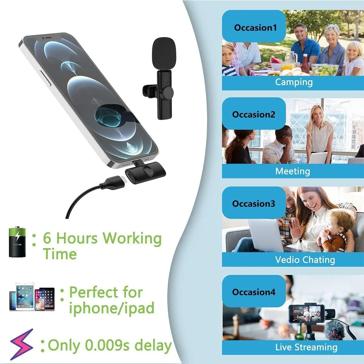 میکروفون بی سیم AWH SAAM برای آیفون و آیپد - میکروفون بلوتوثی برای ضبط صدا، مصاحبه، ویدیو، ولاگ، یوتیوب، تیک تاک، ریلز - صدای شفاف