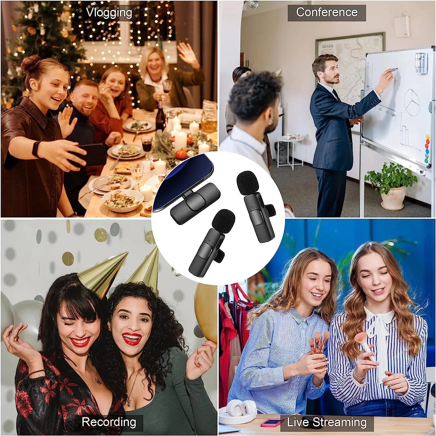 میکروفون یقه ای بی سیم AWH برای گوشی (USB-C) - میکروفون بی سیم دوگانه برای ضبط ویدیو، پخش زنده، ولاگ، کاهش نویز و اتصال آسان (بدون نیاز به برنامه/بلوتوث) - مشکی