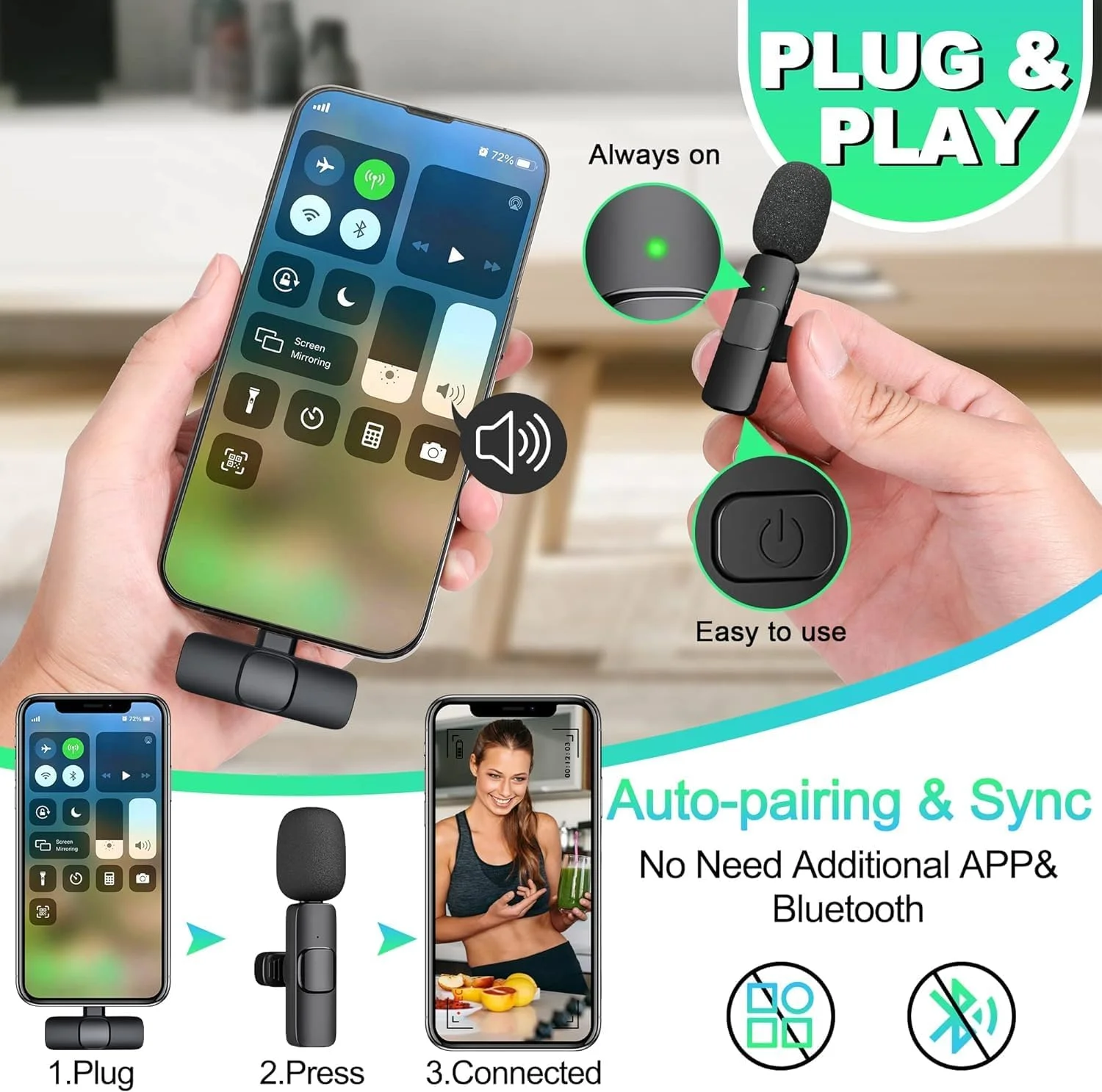 میکروفون بی سیم AWH برای آیفون و آیپد - میکروفون های یقه ای بی سیم دوگانه حرفه ای صدای واضح تری ارائه می دهند - میکروفون های مینی جمع و جور و قابل حمل - عملکرد بهبود یافته در طراحی مشکی شیک