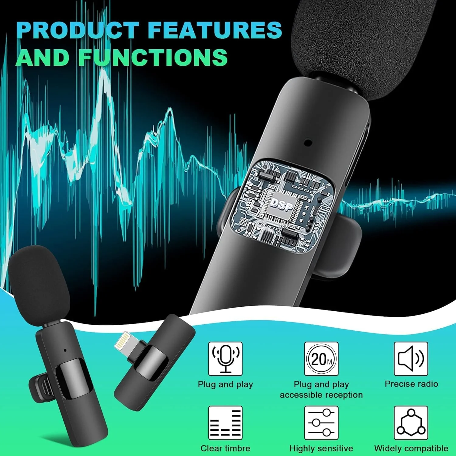 میکروفون بی سیم AWH برای آیفون و آیپد - میکروفون های یقه ای بی سیم دوگانه حرفه ای صدای واضح تری ارائه می دهند - میکروفون های مینی جمع و جور و قابل حمل - عملکرد بهبود یافته در طراحی مشکی شیک