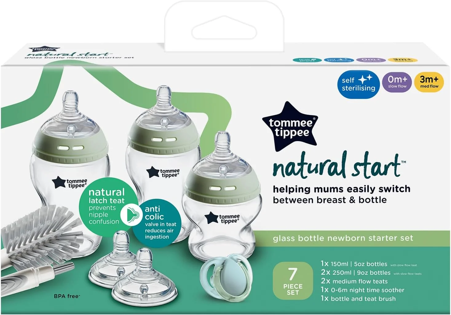 ست شیشه شیر نوزادی شیشه ای تامی تیپی مدل Natural Start، شامل شیشه های ضد نفخ 150 و 250 میلی لیتری، سرشیشه های جریان آهسته و متوسط شبیه سینه مادر برای گرفتن راحت و استریل کننده خودکار ست شیشه شیر نوزادی شیشه ای تامی تیپی مدل Natural Start، شامل شیشه های ضد نفخ 150 و 250 میلی لیتری، سرشیشه های جریان آهسته و متوسط شبیه سینه مادر برای گرفتن راحت و استریل کننده خودکار