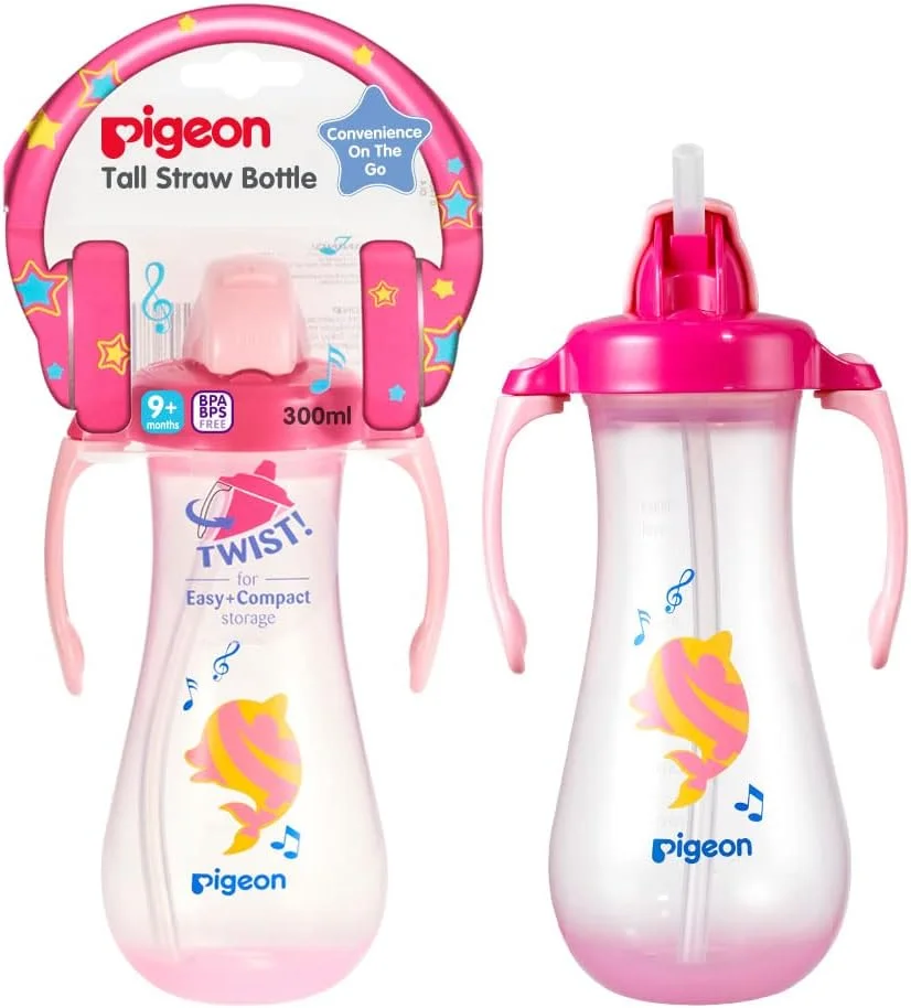 فنجان شیرخوری نی دار بلند کودک Pigeon، فنجان آموزش نوشیدن کودک، ضد نشت، بدون BPA، 9+ ماه، صورتی، ضد ریزش، گرفتن آسان، فنجان آبرسانی کودک، 300 میلی لیتر