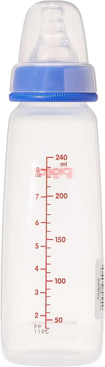 شیشه شیر پلاستیکی باریک گردن Pigeon، درب شفاف، سرشیشه سیلیکونی فوق العاده نرم، ضد نفخ، فاقد BPA و BPS، 4+ ماه، متنوع، 240 میلی لیتر