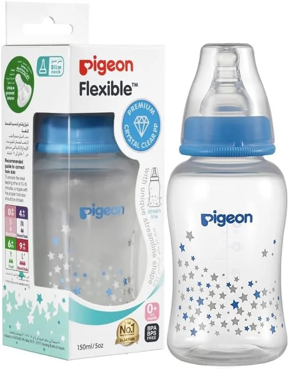 شیشه شیر نوزاد باریک گردن Pigeon، پلاستیکی، با سرشیشه سیلیکونی فوق العاده نرم، ضد نفخ، فاقد BPA و BPS، 0+ ماه، رنگ های متنوع، 150 میلی لیتر