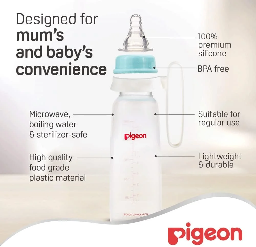 شیشه شیر پلاستیکی گردن باریک Pigeon، درب سفید، سرشیشه سیلیکونی فوق العاده نرم، ضد کولیک، فاقد BPA و BPS، 240 میلی لیتر شیشه شیر پلاستیکی گردن باریک Pigeon، درب سفید، سرشیشه سیلیکونی فوق العاده نرم، ضد کولیک، فاقد BPA و BPS، 240 میلی لیتر