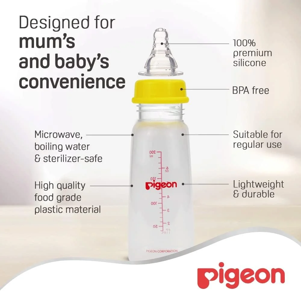 شیشه شیر باریک گردن Pigeon با سرشیشه سیلیکونی فوق العاده نرم و بطری پلاستیکی بدون BPA، رنگ های متنوع، 200 میلی لیتر شیشه شیر باریک گردن Pigeon با سرشیشه سیلیکونی فوق العاده نرم و بطری پلاستیکی بدون BPA، رنگ های متنوع، 200 میلی لیتر