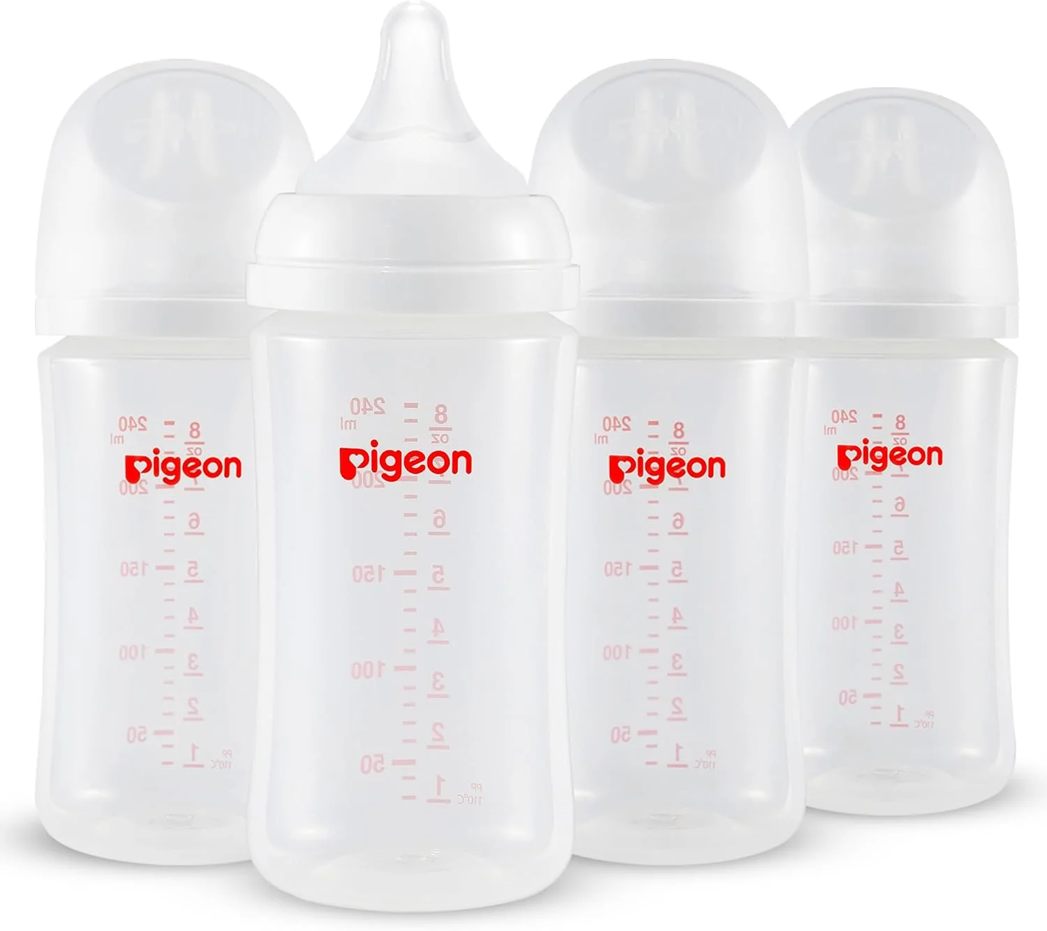 شیشه شیر PP دهانه عریض Pigeon، ضد نفخ، بدنه ساده، حس طبیعی، تمیز کردن آسان، 240 میلی لیتر (بسته 4 عددی)، شامل 4 عدد سایز M (3+ ماه)