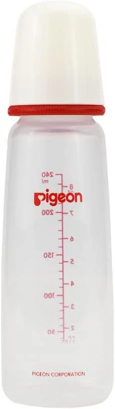 شیشه شیر پلاستیکی گردن باریک Pigeon، درب سفید، سرشیشه سیلیکونی فوق العاده نرم، ضد کولیک، فاقد BPA و BPS، 240 میلی لیتر، چند رنگ