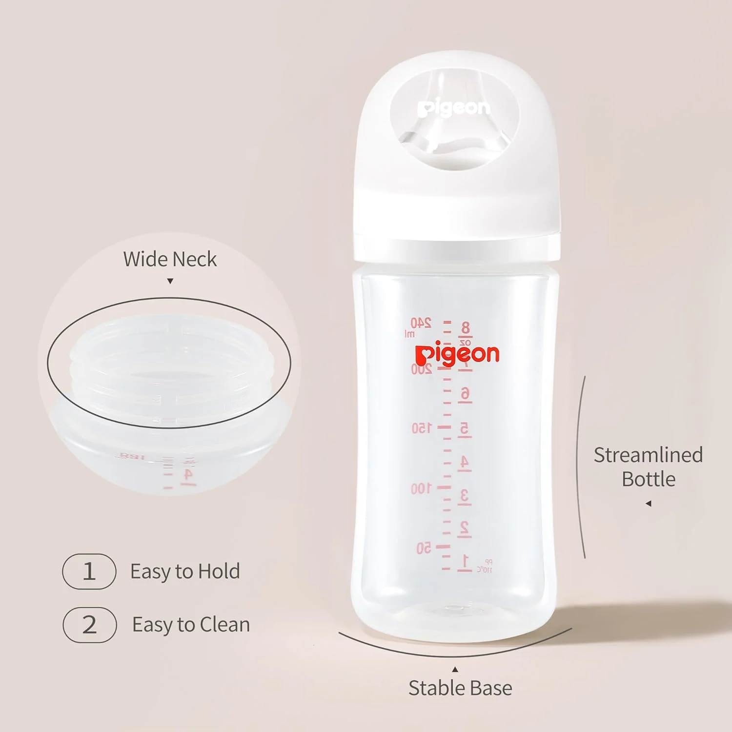 شیشه شیر PP دهانه عریض Pigeon، ضد نفخ، بدنه ساده، حس طبیعی، تمیز کردن آسان، 240 میلی لیتر (بسته 4 عددی)، شامل 4 عدد سایز M (3+ ماه) شیشه شیر PP دهانه عریض Pigeon، ضد نفخ، بدنه ساده، حس طبیعی، تمیز کردن آسان، 240 میلی لیتر (بسته 4 عددی)، شامل 4 عدد سایز M (3+ ماه)