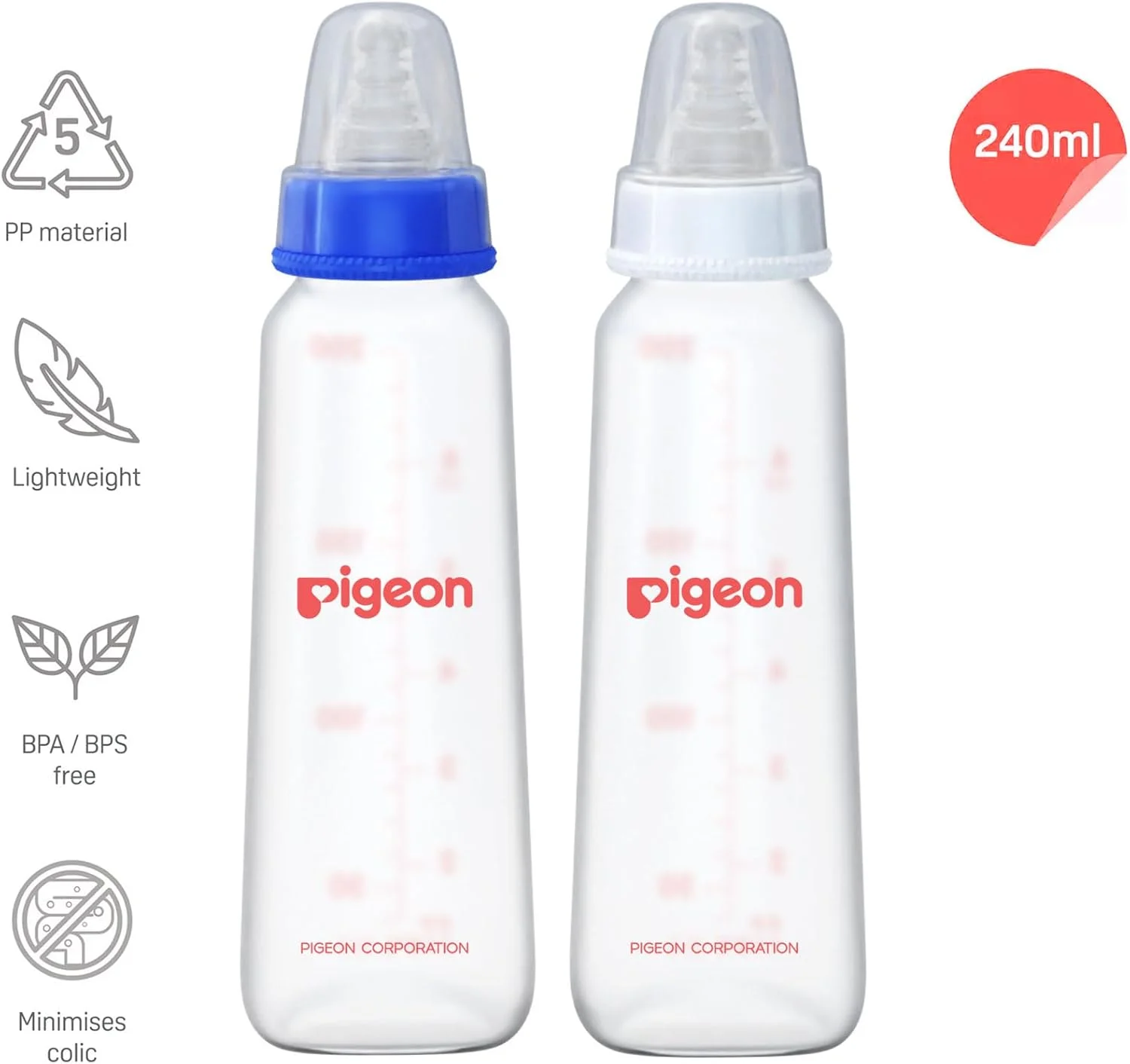 شیشه شیر نوزاد پیژن با سرشیشه پره ای KPP سایز L، مناسب برای نوزادان 9+ ماه، فاقد BPA و BPS، آبی و سفید، 240 میلی لیتر، بسته 2 عددی