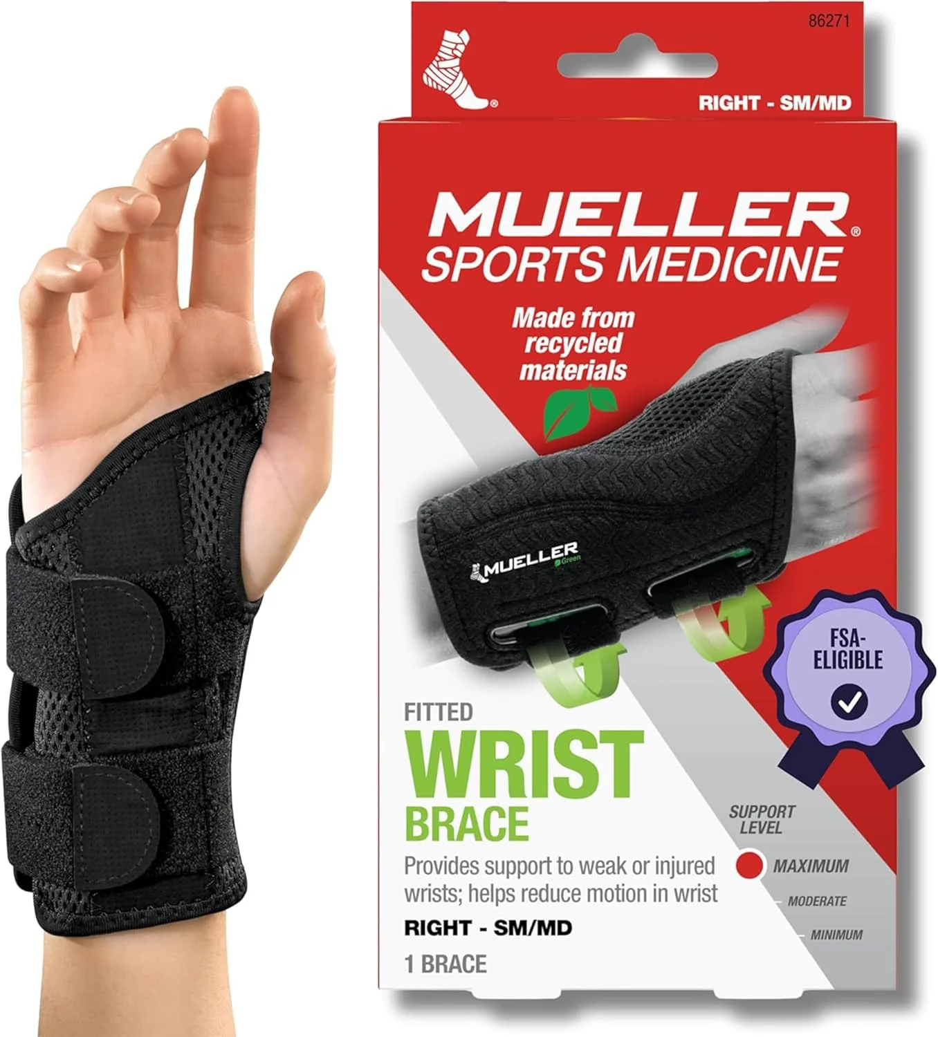 مچ بند طبی فیت شده Mueller، مشکی، راست، سایز کوچک/متوسط، مشکی/سبز
