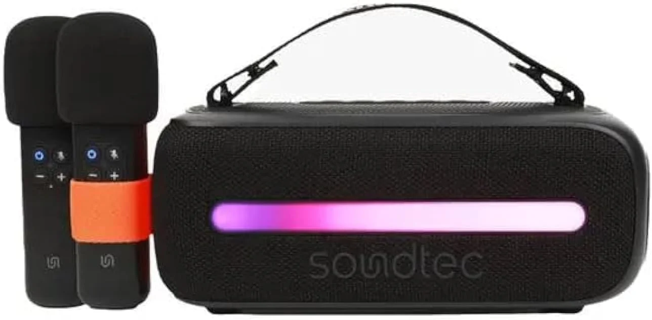 اسپیکر 14 واتی Porodo Soundtec با میکروفون بی سیم دوگانه - مشکی