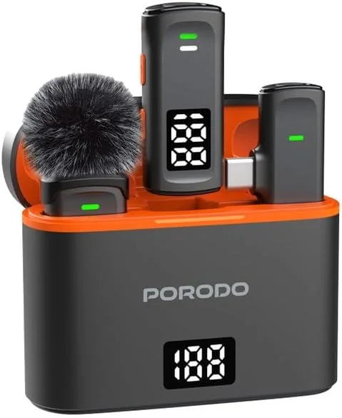 میکروفون یقه ای بی سیم دوگانه Porodo به همراه جعبه شارژ و آداپتور لایتنینگ