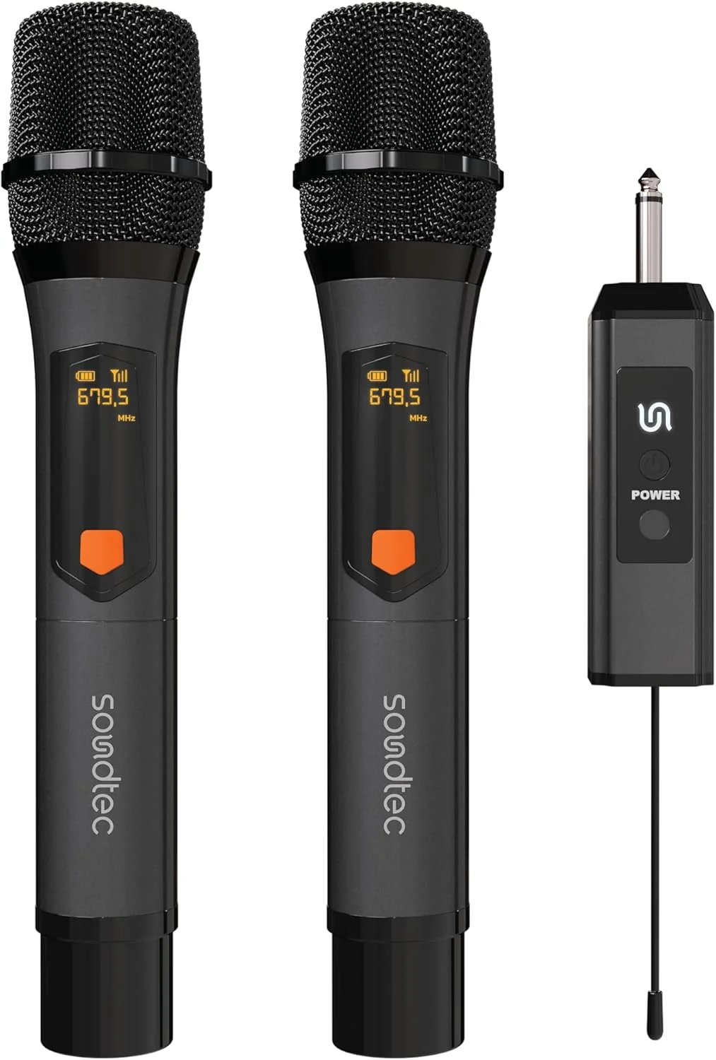 میکروفون بی‌سیم آلومینیومی قابل شارژ Porodo Soundtec Duo با دو میکروفون، نوع اتصال مونو 6.3 میلی‌متری، 2 باتری 800 میلی‌آمپر ساعتی، 4.5 ساعت زمان کار، روش‌های تنظیم DSP، 2 کانال، فاصله دریافت 25 متری - مشکی