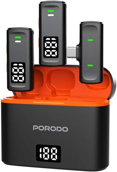 میکروفون یقه ای بی سیم دوگانه Porodo به همراه جعبه شارژ و آداپتور لایتنینگ میکروفون یقه ای بی سیم دوگانه Porodo به همراه جعبه شارژ و آداپتور لایتنینگ