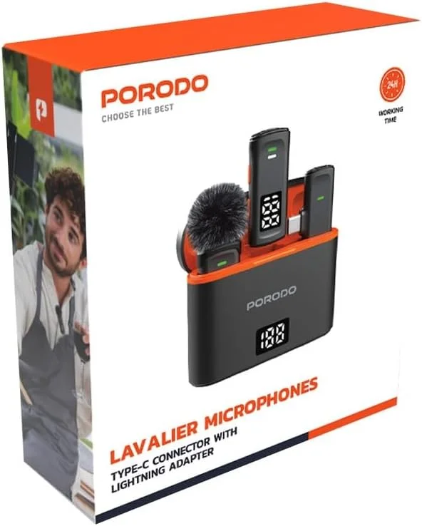 میکروفون یقه ای بی سیم دوگانه Porodo به همراه جعبه شارژ و آداپتور لایتنینگ میکروفون یقه ای بی سیم دوگانه Porodo به همراه جعبه شارژ و آداپتور لایتنینگ