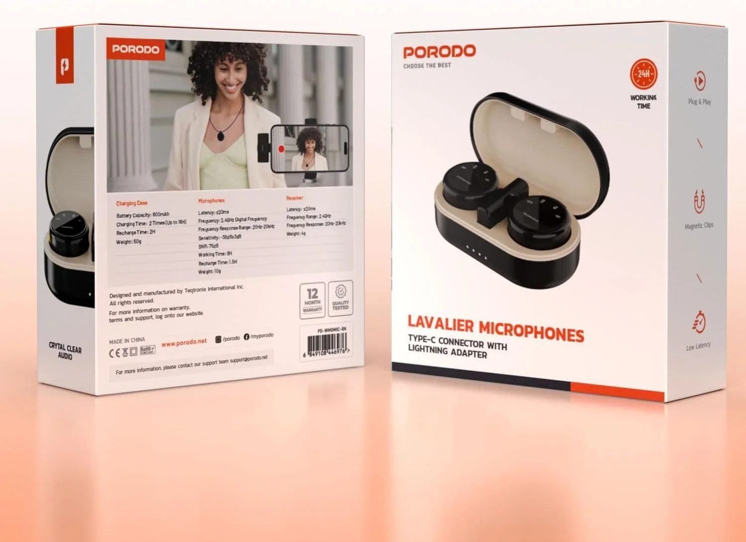 میکروفون بی سیم دوگانه Porodo با جعبه شارژ - مشکی میکروفون بی سیم دوگانه Porodo با جعبه شارژ - مشکی