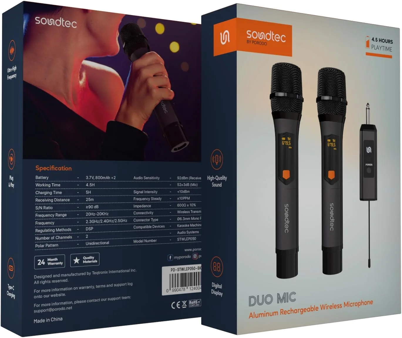میکروفون بیسیم آلومینیومی قابل شارژ Porodo Soundtec Duo با دو میکروفون، نوع اتصال مونو 6.3 میلیمتری، 2 باتری 800 میلیآمپر ساعتی، 4.5 ساعت زمان کار، روشهای تنظیم DSP، 2 کانال، فاصله دریافت 25 متری - مشکی میکروفون بیسیم آلومینیومی قابل شارژ Porodo Soundtec Duo با دو میکروفون، نوع اتصال مونو 6.3 میلیمتری، 2 باتری 800 میلیآمپر ساعتی، 4.5 ساعت زمان کار، روشهای تنظیم DSP، 2 کانال، فاصله دریافت 25 متری - مشکی