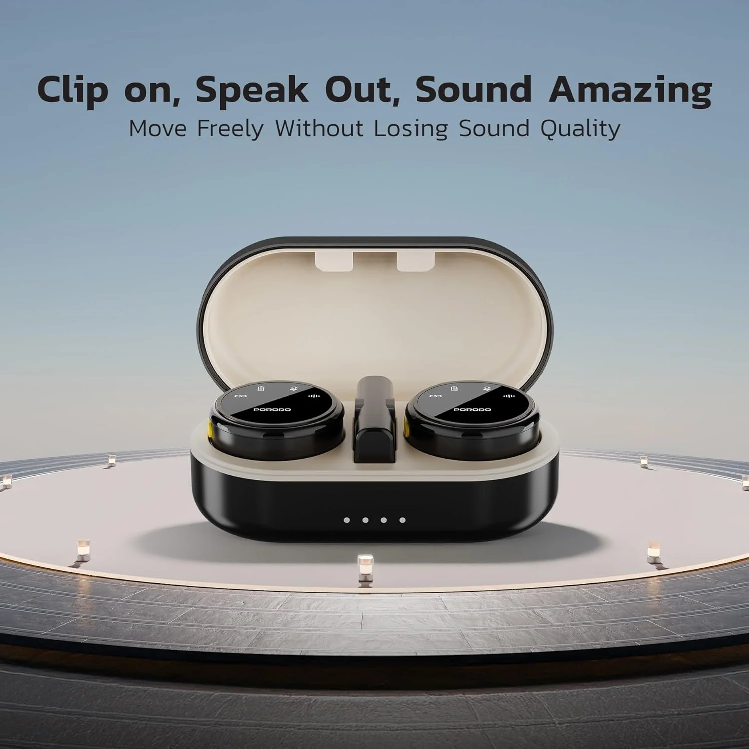 میکروفون بی سیم دوگانه Porodo با جعبه شارژ و گیرنده، گیره های مغناطیسی، تاخیر کم، 24 ساعت زمان کار، کانکتور Type-C و آداپتور سر لایتنینگ، قابل حمل و سبک - مشکی میکروفون بی سیم دوگانه Porodo با جعبه شارژ و گیرنده، گیره های مغناطیسی، تاخیر کم، 24 ساعت زمان کار، کانکتور Type-C و آداپتور سر لایتنینگ، قابل حمل و سبک - مشکی