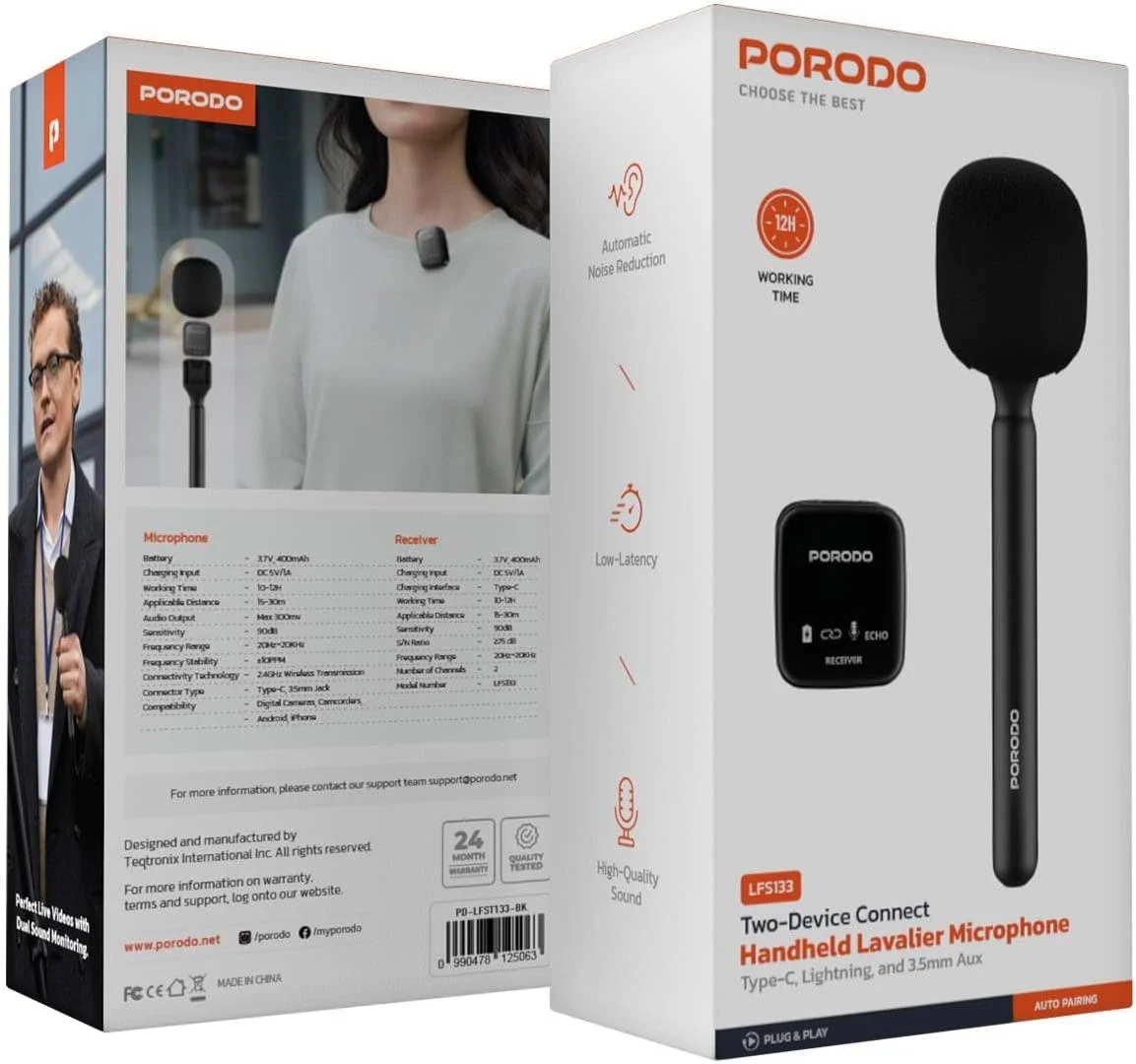 میکروفون یقه ای بی سیم دستی و گیرنده Porodo، میکروفون دینامیک وکال برای کارائوکه و بلندگوها، عمر باتری 12 ساعته، حساسیت بالا، همچنین به دوربین های DSLR برای فیلمبرداری متصل می شود میکروفون یقه ای بی سیم دستی و گیرنده Porodo، میکروفون دینامیک وکال برای کارائوکه و بلندگوها، عمر باتری 12 ساعته، حساسیت بالا، همچنین به دوربین های DSLR برای فیلمبرداری متصل می شود