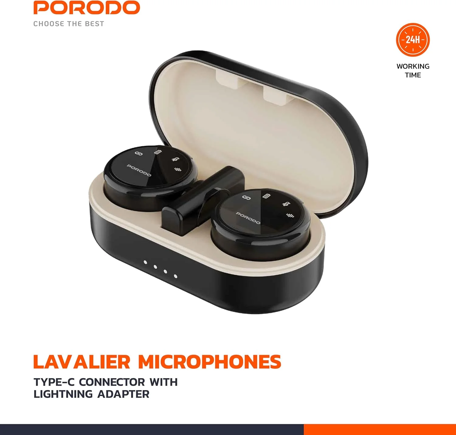 میکروفون بی سیم دوگانه Porodo با جعبه شارژ و گیرنده، گیره های مغناطیسی، تاخیر کم، 24 ساعت زمان کار، کانکتور Type-C و آداپتور سر لایتنینگ، قابل حمل و سبک - مشکی میکروفون بی سیم دوگانه Porodo با جعبه شارژ و گیرنده، گیره های مغناطیسی، تاخیر کم، 24 ساعت زمان کار، کانکتور Type-C و آداپتور سر لایتنینگ، قابل حمل و سبک - مشکی