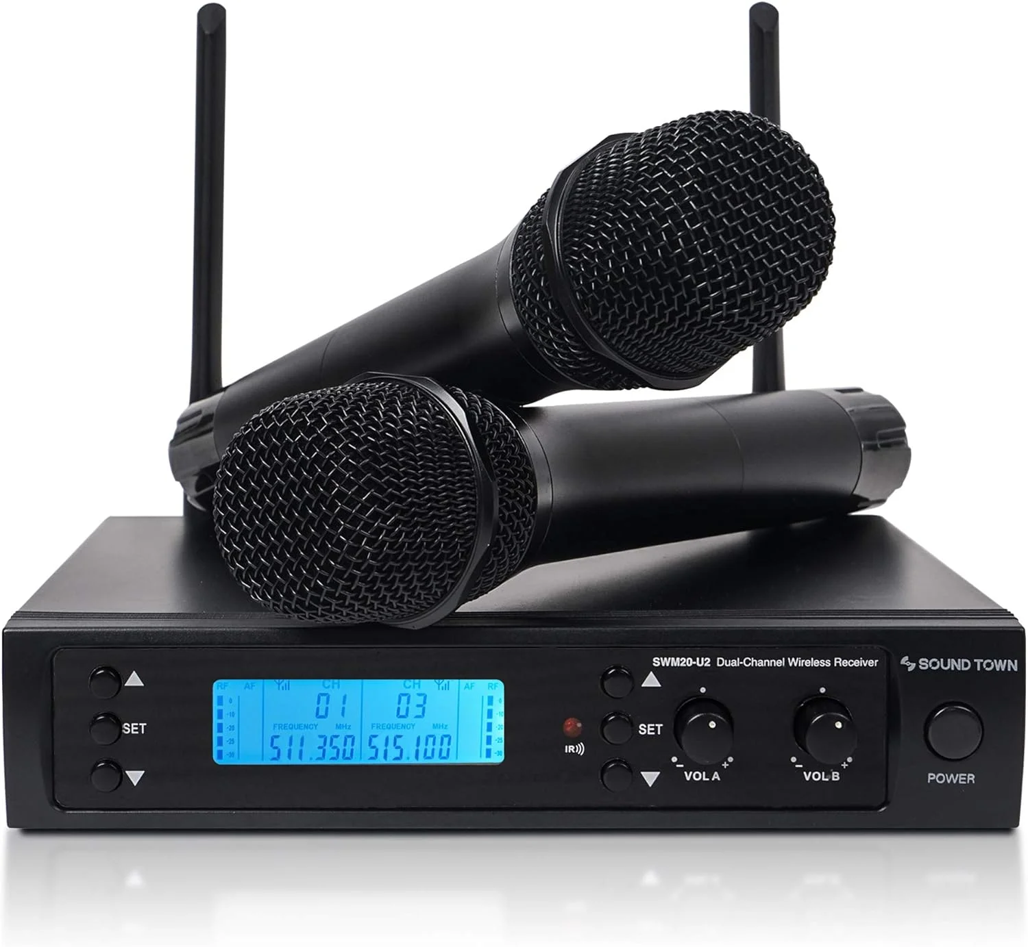 سیستم میکروفون بی سیم سری Sound Town SWM با فرکانس های قابل تنظیم، 2 میکروفون دستی