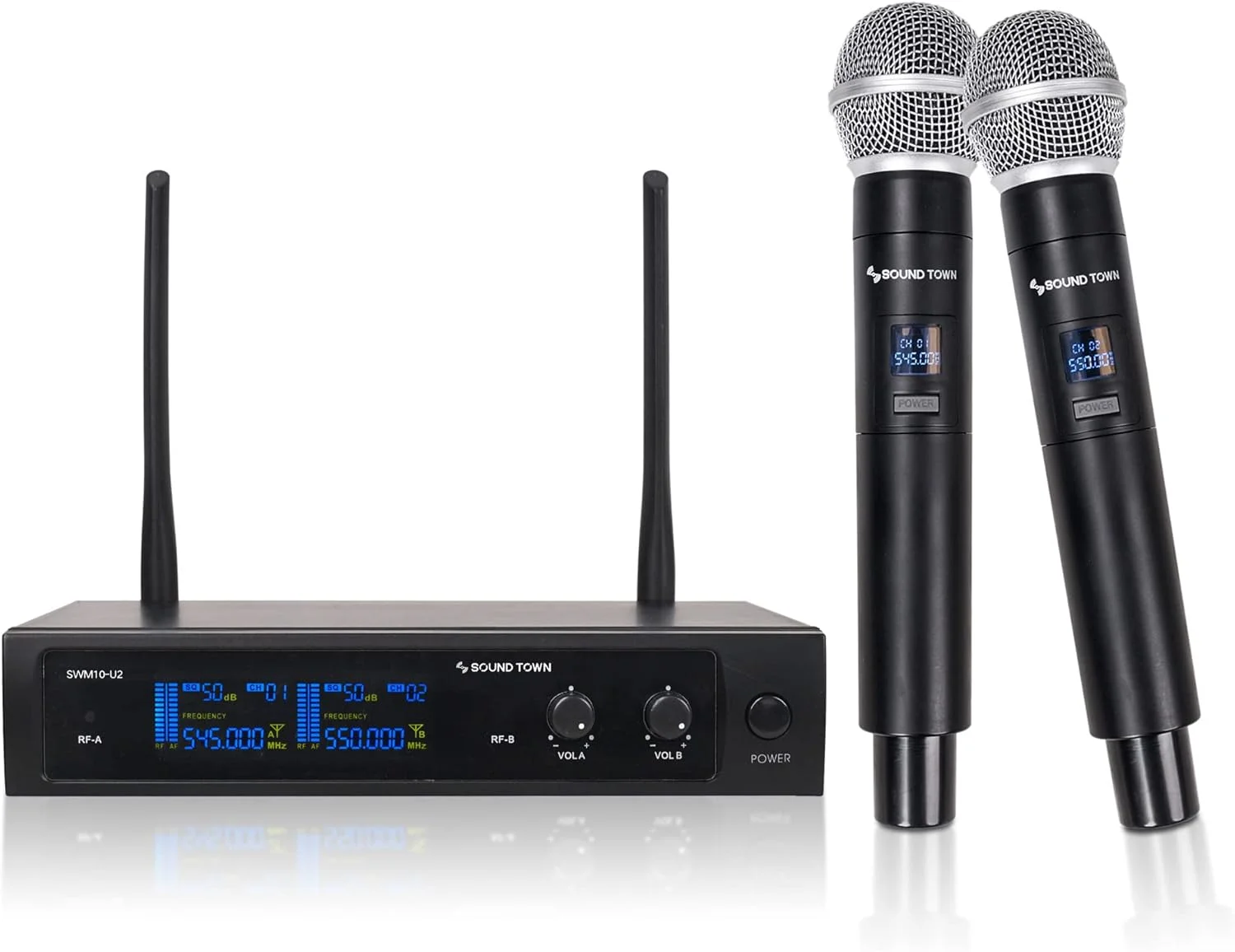 سیستم میکروفون بی سیم دو کاناله حرفه ای Sound Town SWM10-U2HH با 2 میکروفون دستی