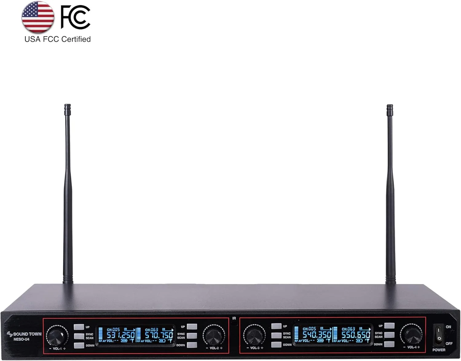 سیستم میکروفون بی سیم حرفه ای UHF با قابلیت نصب در رک Sound Town با 200 کانال، گیرنده فلزی و 4 میکروفون دستی (NESO-U4HH)