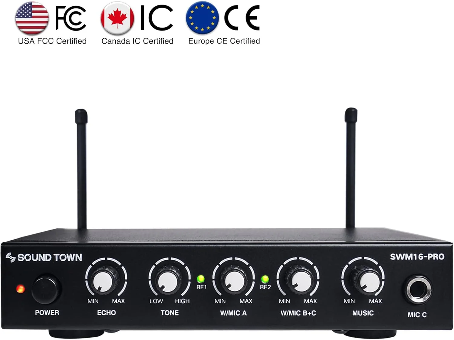 سیستم میکسر کارائوکه میکروفون بی سیم 16 کاناله Sound Town با ورودی اپتیکال (Toslink)، AUX و 2 میکروفون دستی - پشتیبانی از تلویزیون هوشمند، سینمای خانگی، ساندبار (SWM16-PRO)
