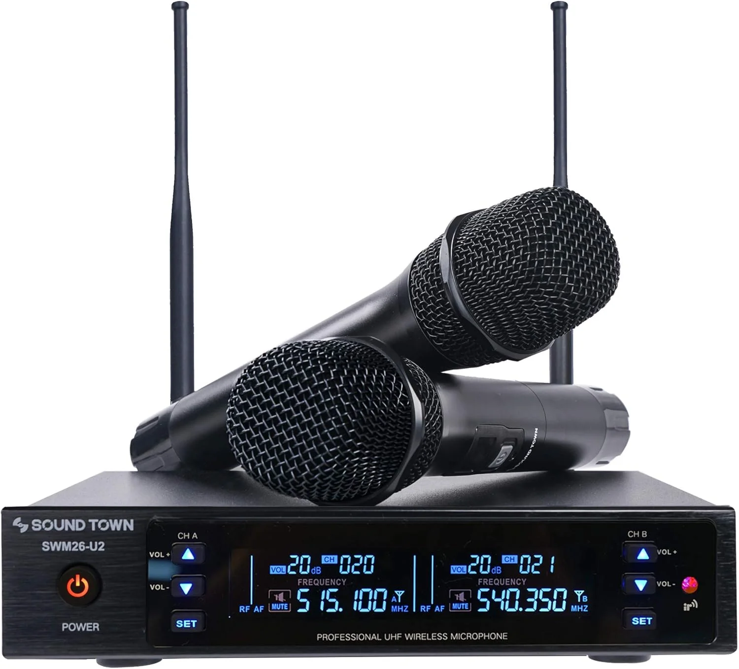 سیستم میکروفون بی سیم UHF 200 کاناله فلزی Sound Town با 2 میکروفون دستی و اسکن خودکار، برای کلیسا، مدرسه، عروسی در فضای باز، جلسه، مهمانی و کارائوکه (SWM26-U2HH)