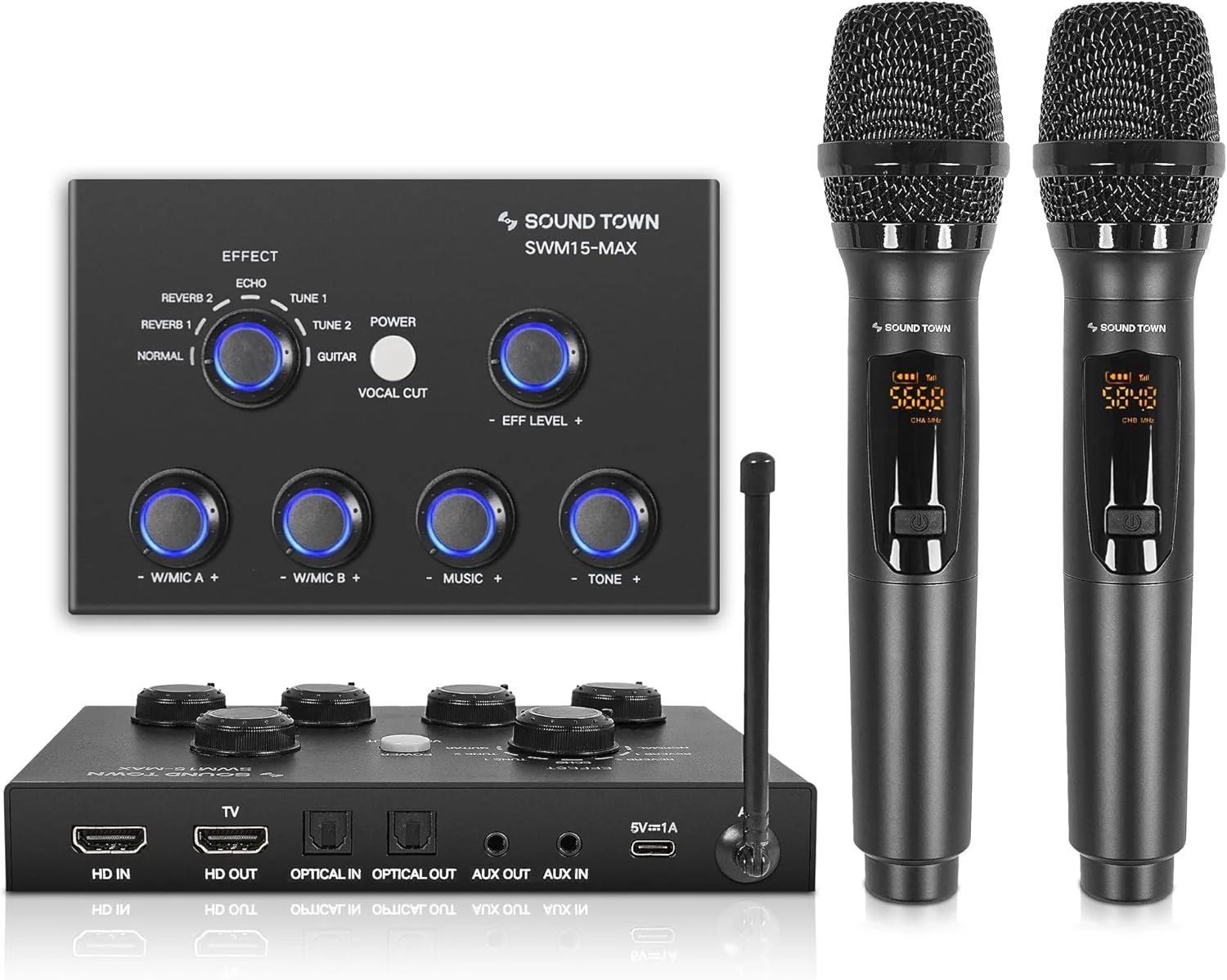 سیستم میکسر کارائوکه میکروفون بی سیم 16 کاناله Sound Town با 2 میکروفون بی سیم، HD ARC، اپتیکال (Toslink)، AUX، پشتیبانی از تلویزیون هوشمند، مدیا باکس، کامپیوتر، بلوتوث، ساندبار، رسیور (SWM15-MAX)