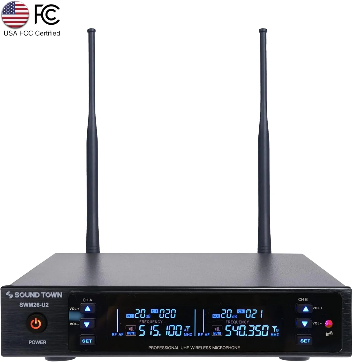 سیستم میکروفون بی سیم UHF 200 کاناله فلزی Sound Town با 2 میکروفون دستی و اسکن خودکار، برای کلیسا، مدرسه، عروسی در فضای باز، جلسه، مهمانی و کارائوکه (SWM26-U2HH) سیستم میکروفون بی سیم UHF 200 کاناله فلزی Sound Town با 2 میکروفون دستی و اسکن خودکار، برای کلیسا، مدرسه، عروسی در فضای باز، جلسه، مهمانی و کارائوکه (SWM26-U2HH)