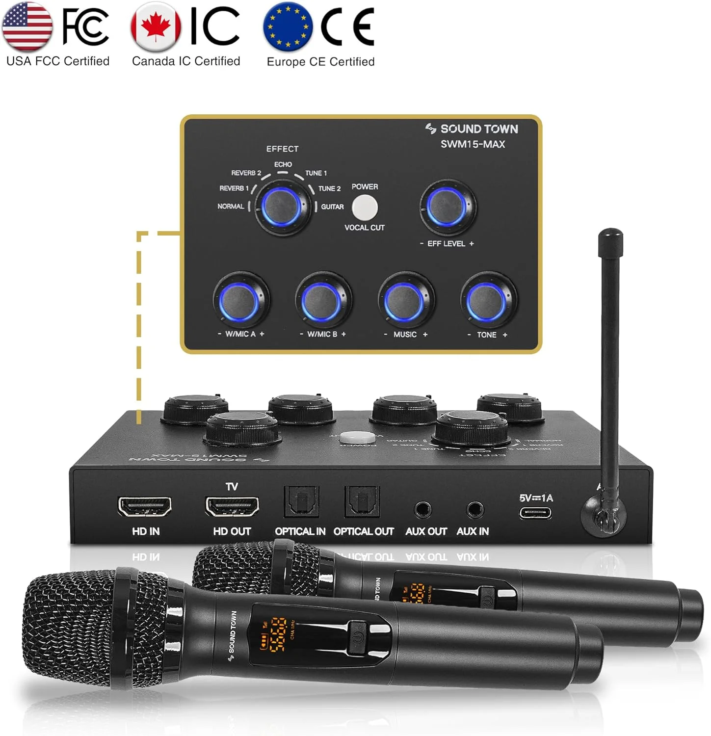 سیستم میکسر کارائوکه میکروفون بی سیم 16 کاناله Sound Town با 2 میکروفون بی سیم، HD ARC، اپتیکال (Toslink)، AUX، پشتیبانی از تلویزیون هوشمند، مدیا باکس، کامپیوتر، بلوتوث، ساندبار، رسیور (SWM15-MAX)