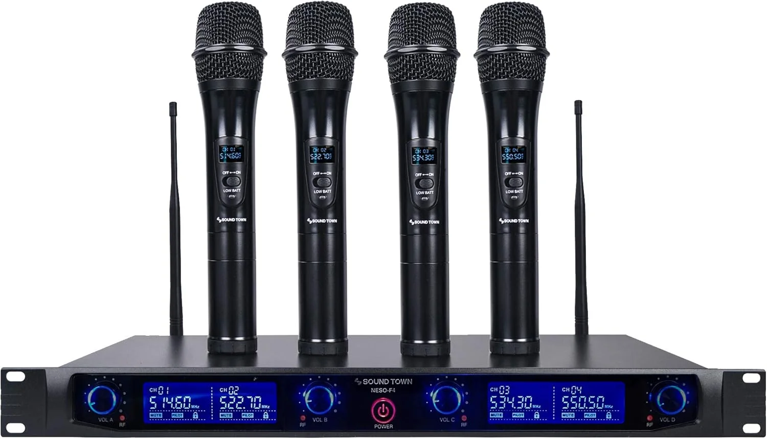 سیستم میکروفون بی سیم حرفه ای UHF 4 کاناله Sound Town با گیرنده فلزی قابل نصب در رک و 4 میکروفون دستی، برای کلیسا، مدرسه، عروسی در فضای باز، جلسه، مهمانی و کارائوکه