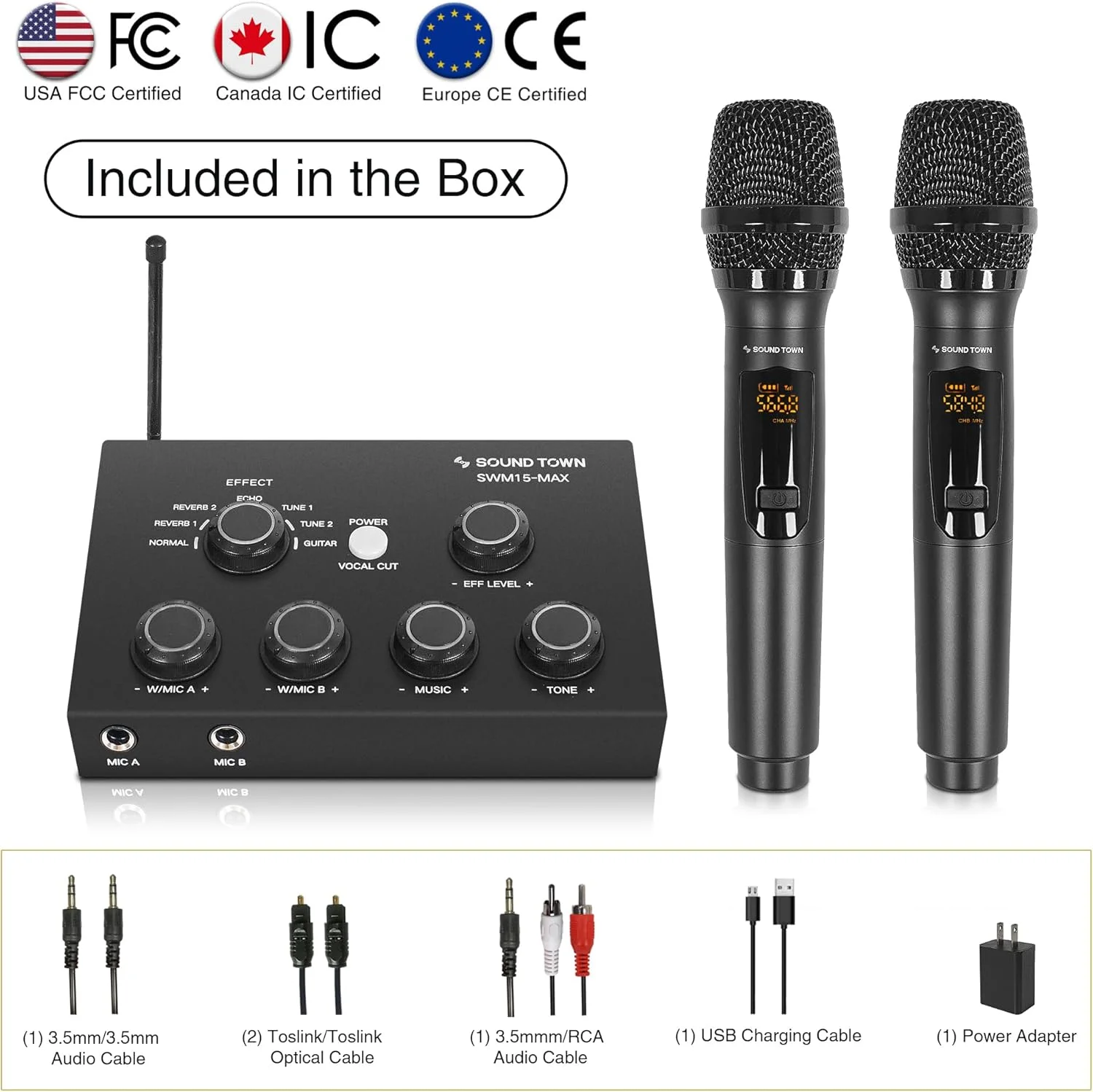 سیستم میکسر کارائوکه میکروفون بی سیم 16 کاناله Sound Town با 2 میکروفون بی سیم، HD ARC، اپتیکال (Toslink)، AUX، پشتیبانی از تلویزیون هوشمند، مدیا باکس، کامپیوتر، بلوتوث، ساندبار، رسیور (SWM15-MAX)