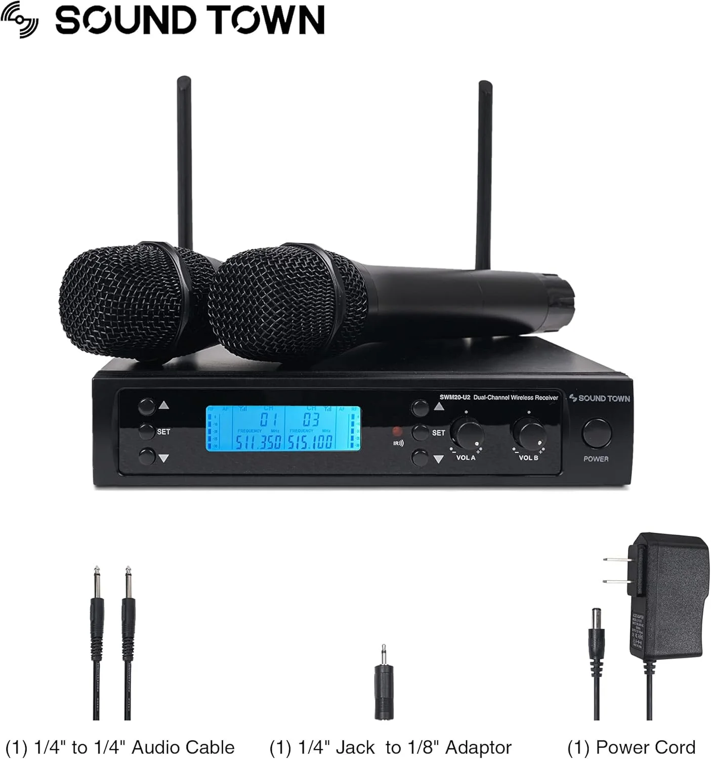 سیستم میکروفون بی سیم سری Sound Town SWM با فرکانس های قابل تنظیم، 2 میکروفون دستی