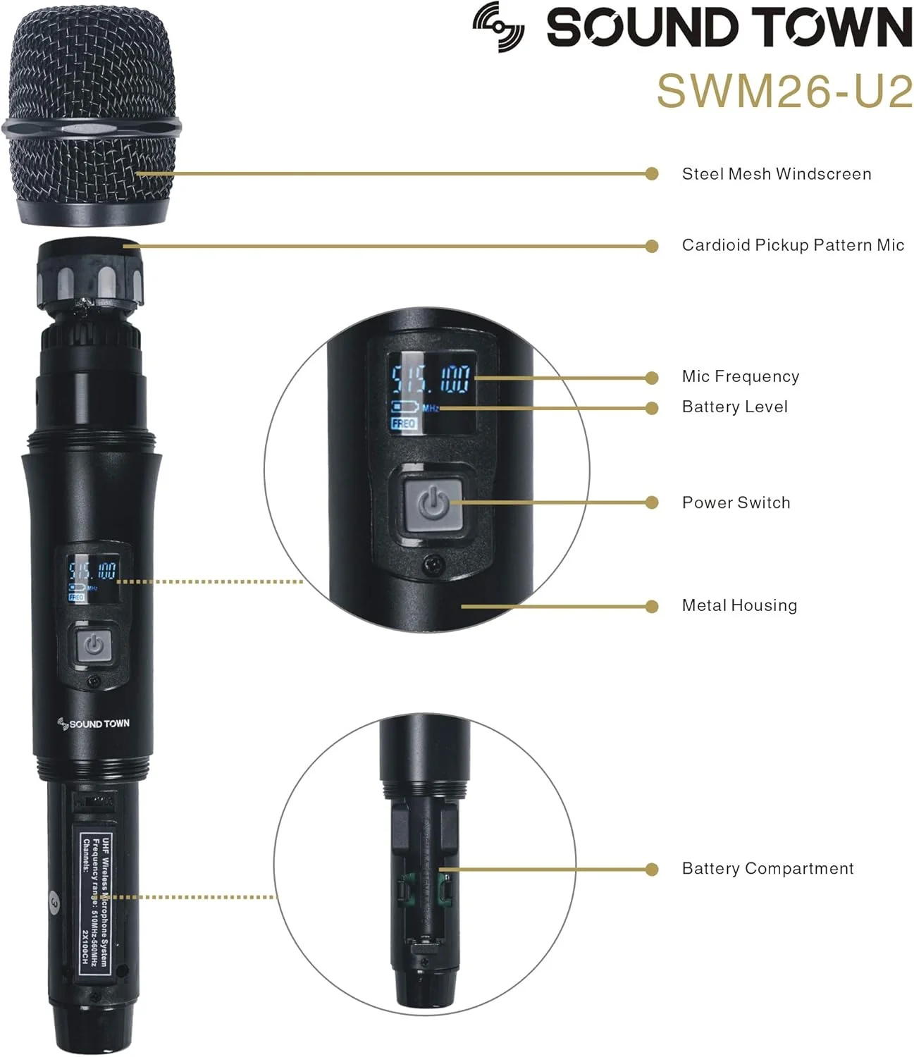 سیستم میکروفون بی سیم UHF 200 کاناله فلزی Sound Town با 2 میکروفون دستی و اسکن خودکار، برای کلیسا، مدرسه، عروسی در فضای باز، جلسه، مهمانی و کارائوکه (SWM26-U2HH) سیستم میکروفون بی سیم UHF 200 کاناله فلزی Sound Town با 2 میکروفون دستی و اسکن خودکار، برای کلیسا، مدرسه، عروسی در فضای باز، جلسه، مهمانی و کارائوکه (SWM26-U2HH)
