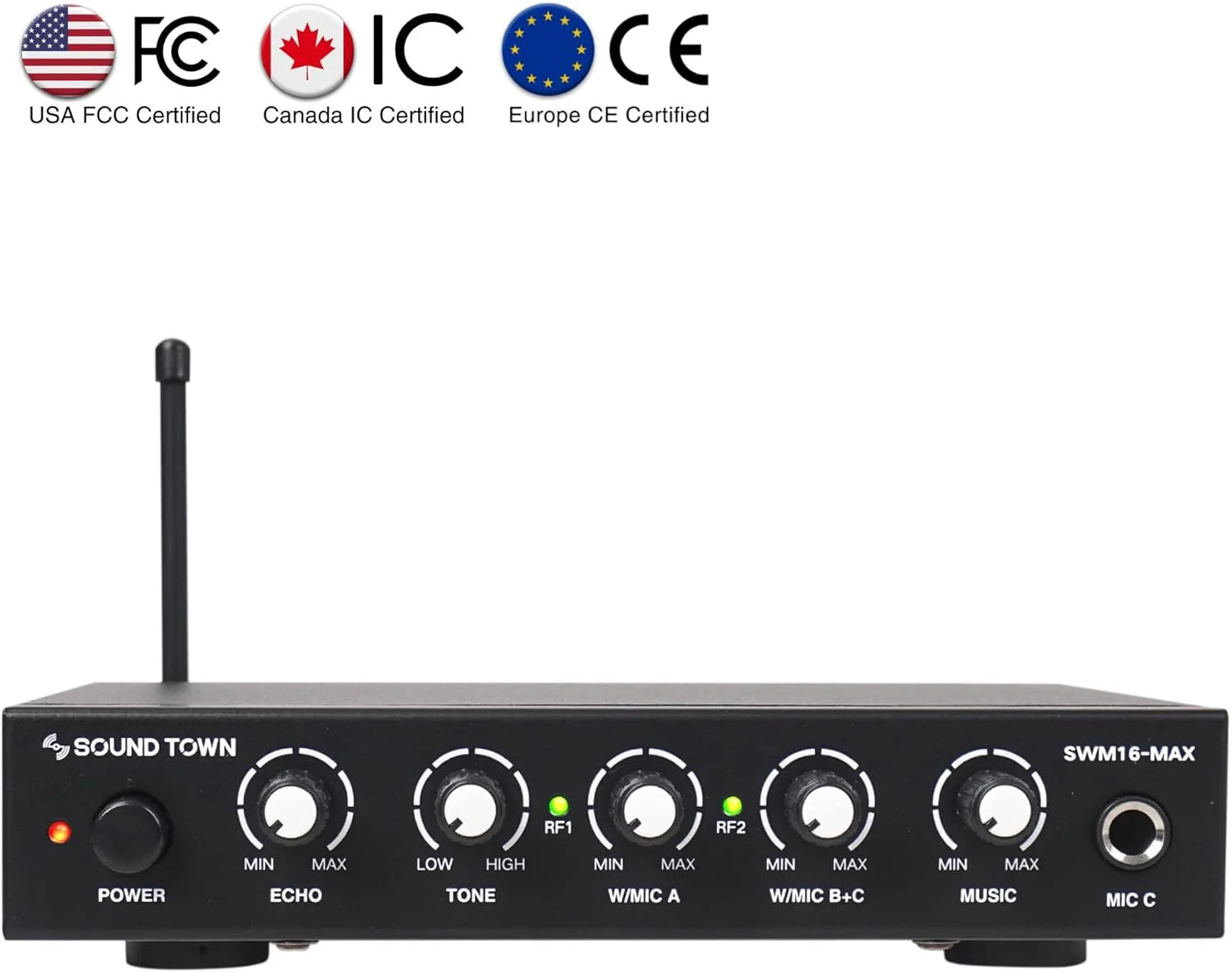 سیستم میکروفون بی سیم کارائوکه Sound Town با HDMI ARC، Optical (Toslink)، AUX، پشتیبانی از تلویزیون هوشمند، مدیا باکس، کامپیوتر، بلوتوث، ساندبار، رسیور (SWM16-MAX)