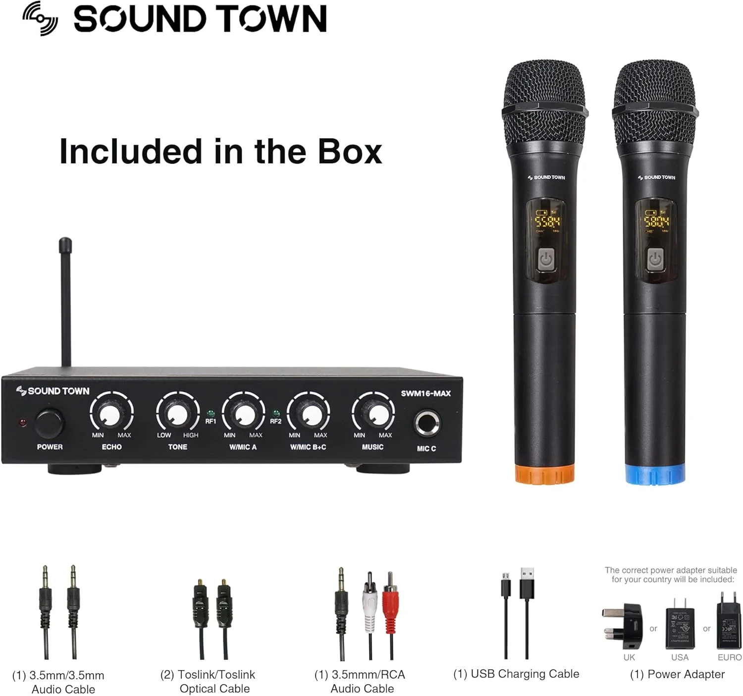 سیستم میکروفون بی سیم کارائوکه Sound Town با HDMI ARC، Optical (Toslink)، AUX، پشتیبانی از تلویزیون هوشمند، مدیا باکس، کامپیوتر، بلوتوث، ساندبار، رسیور (SWM16-MAX)