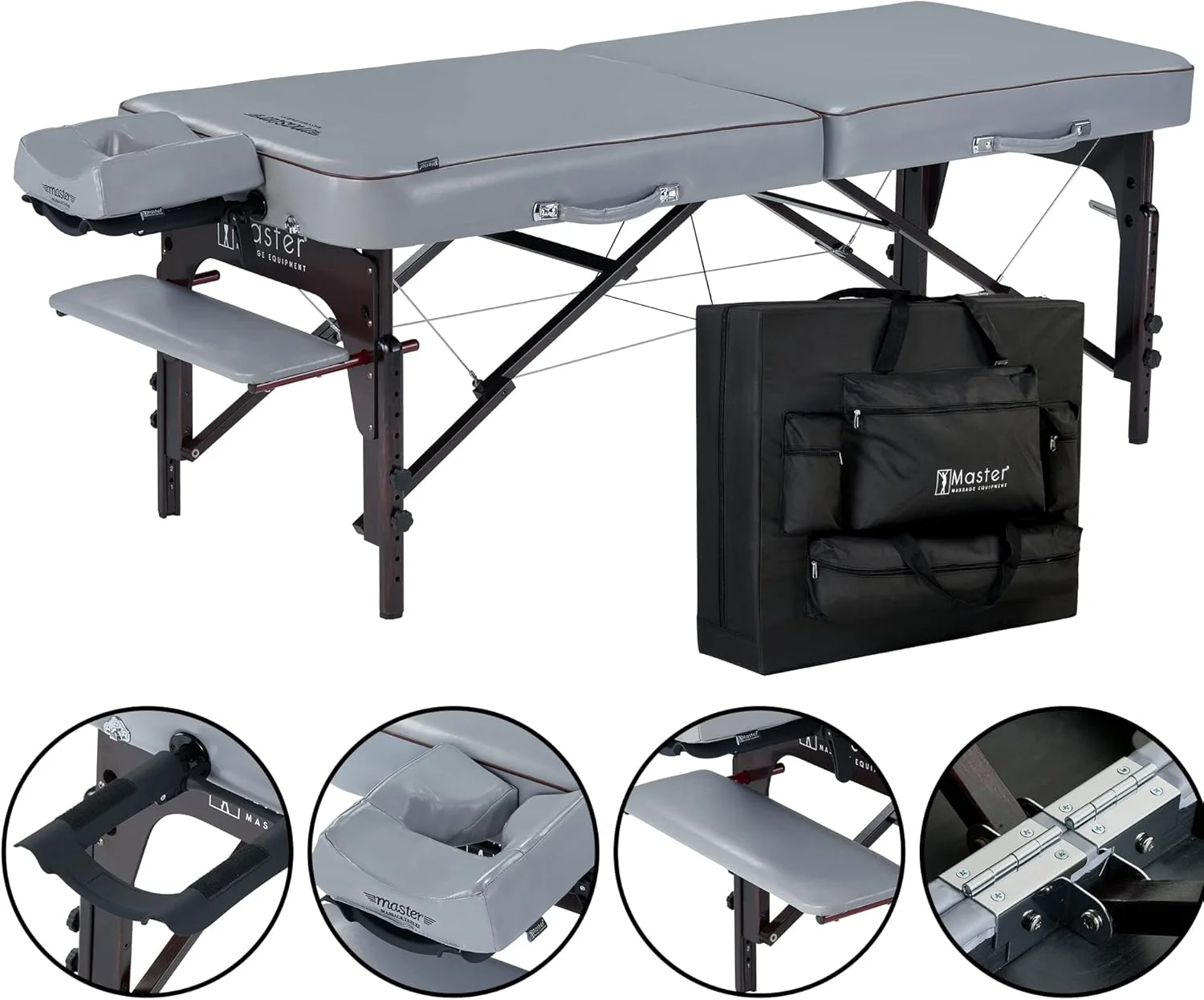 تخت ماساژ قابل حمل تاشو چوبی مقاوم در برابر روغن Master Massage Montour 71cm با روکش مقاوم، پنل ریکی، تخت فیزیوتراپی و زیبایی اسپا به همراه سیستم نور محیطی، خاکستری کبوتری