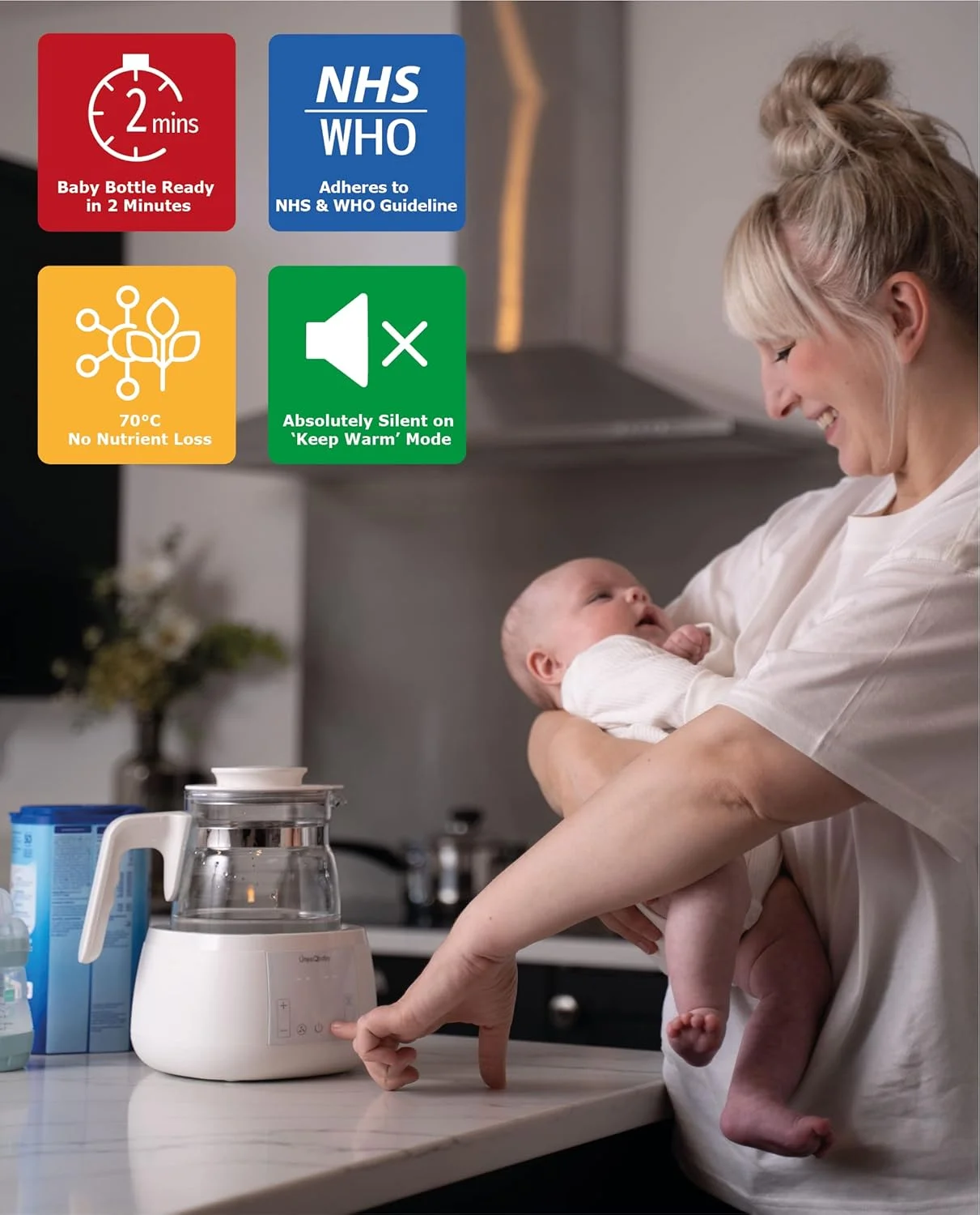 دستگاه تهیه شیر خشک ÜneeQbaby PerfectTemp، دستگاه فرمول ساز با کنترل دمای 24 ساعته، آماده سازی 2 دقیقه ای، کاملا بی صدا، ایده آل برای تغذیه شبانه، نسخه چراغ خواب