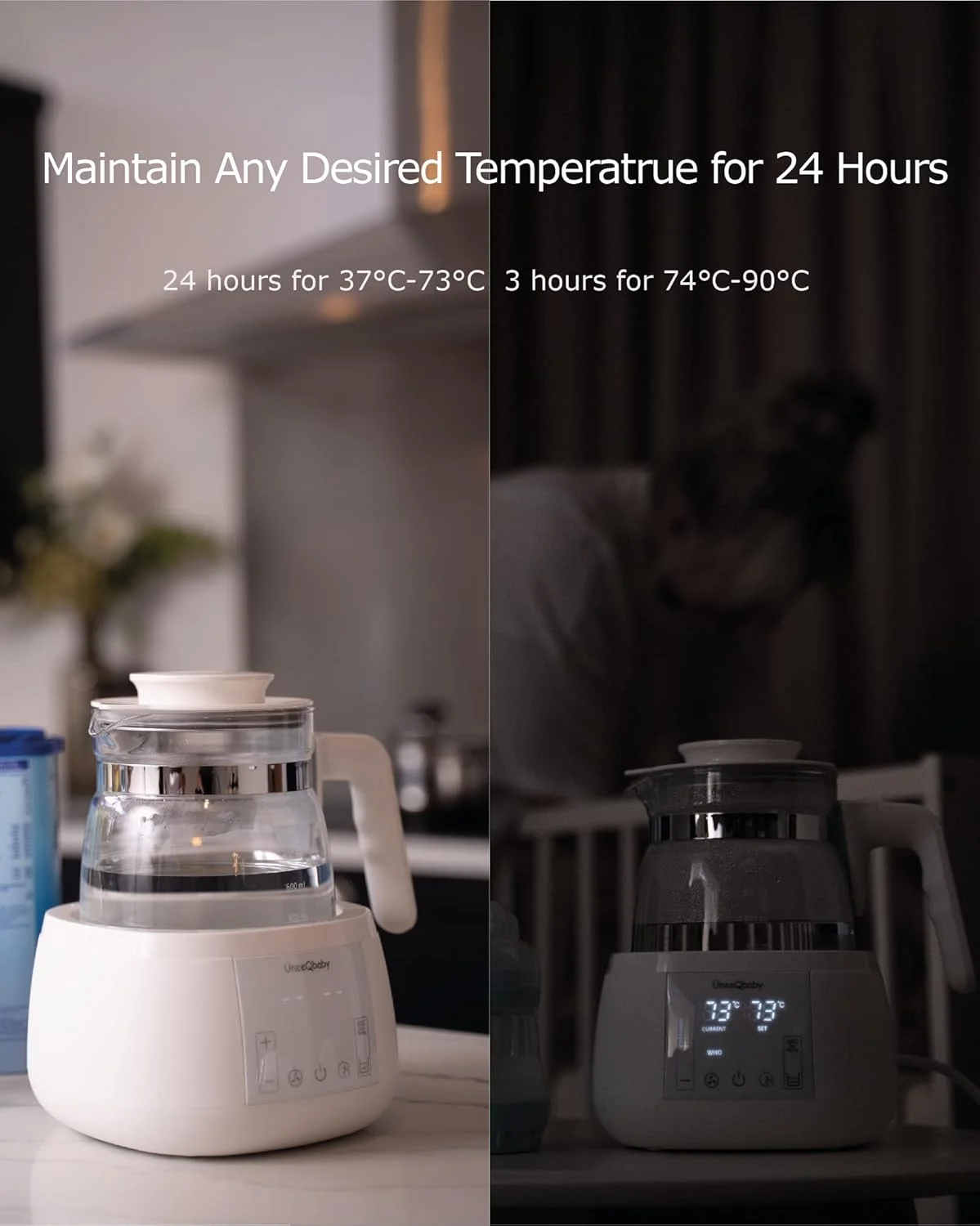 دستگاه تهیه شیر خشک ÜneeQbaby PerfectTemp، دستگاه فرمول ساز با کنترل دمای 24 ساعته، آماده سازی 2 دقیقه ای، کاملا بی صدا، ایده آل برای تغذیه شبانه، نسخه چراغ خواب