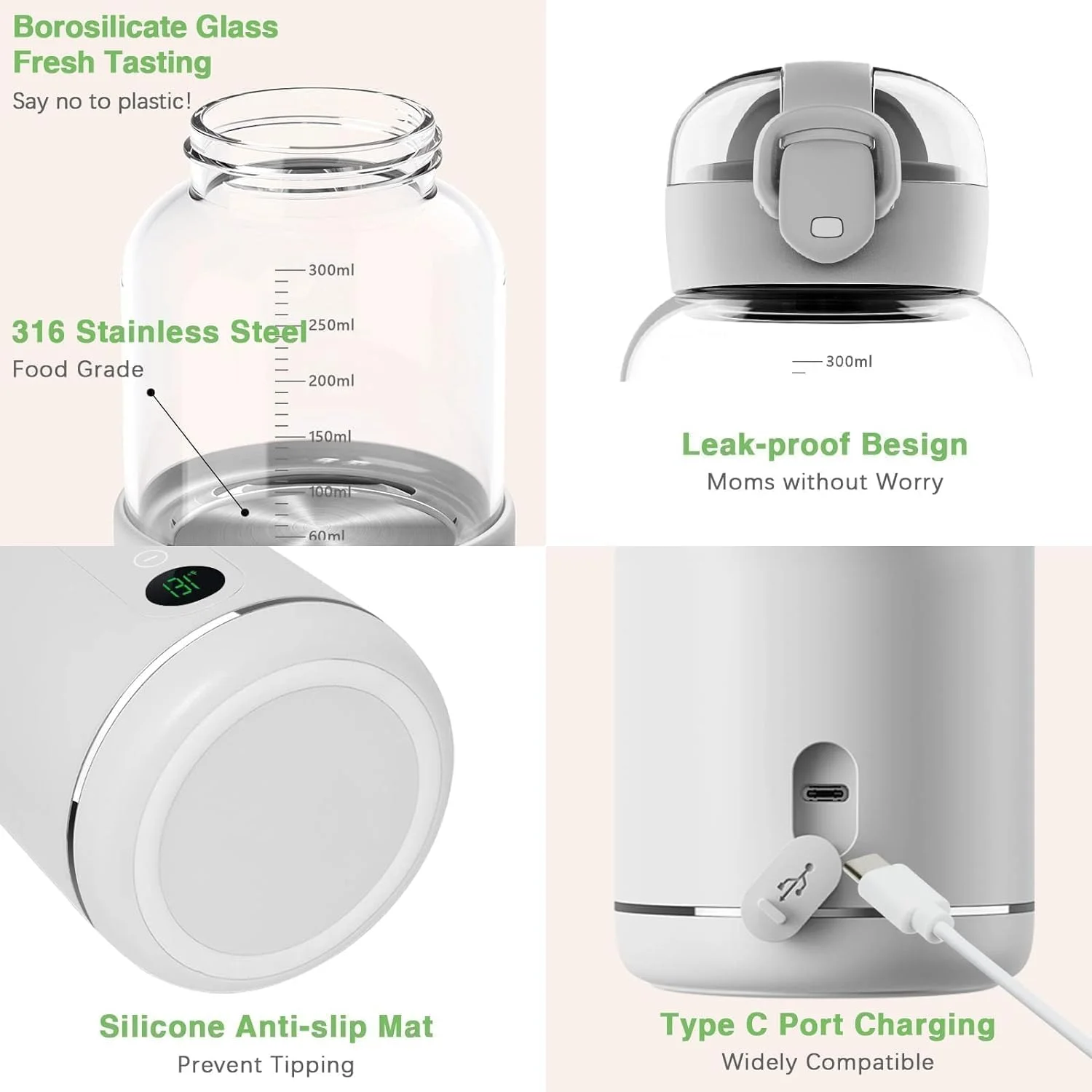 گرمکن آب شارژی آپتویه برای شیر خشک، گرمکن آب قابل حمل 300 میلی لیتری با نمایشگر LCD، گرمکن شیر برای مسافرت، گرمکن شیر برای نوزاد، فلاسک هوشمند بی سیم کودک برای ماشین، مسافرت، فضای باز