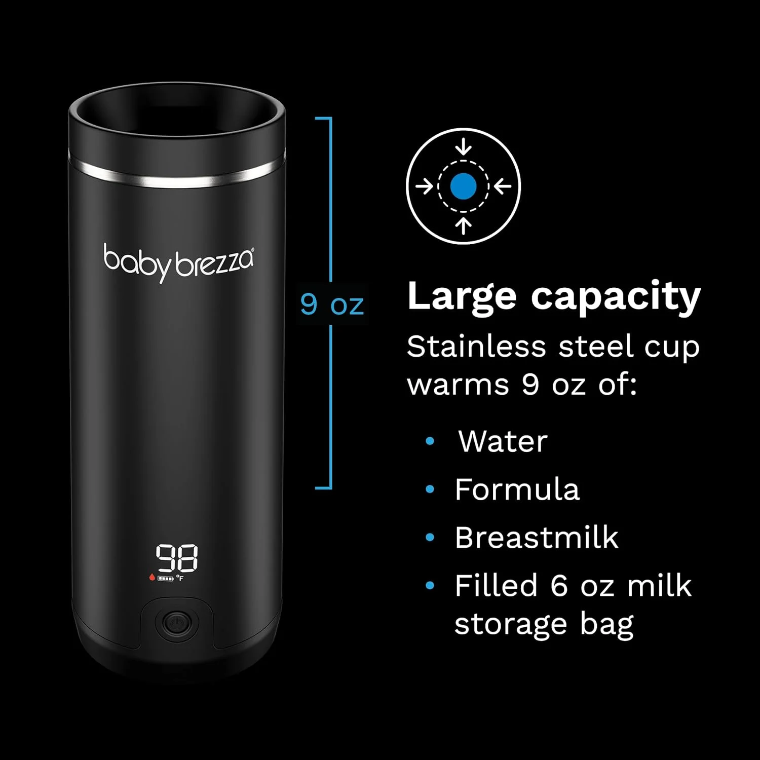 گرم کننده شیشه شیر کودک قابل حمل Baby Brezza Superfast - 67% سریعتر - گرم کننده شیر مادر و شیر خشک مسافرتی - گرمایش ایمن و یکنواخت - تا 9 اونس - بدون آداپتور، مشکی